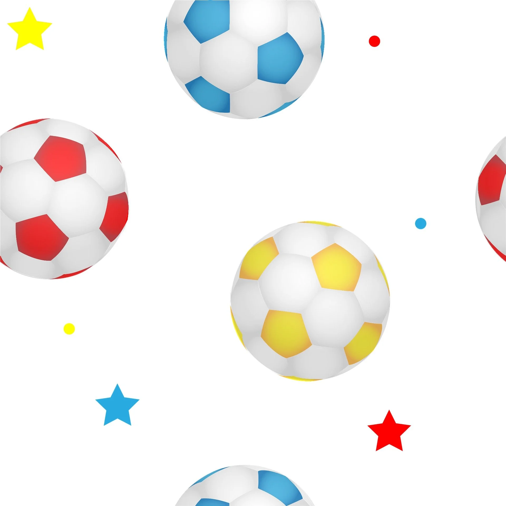 Pattern of soccer balls with red, yellow, blue, and white stars scattered on a white background.