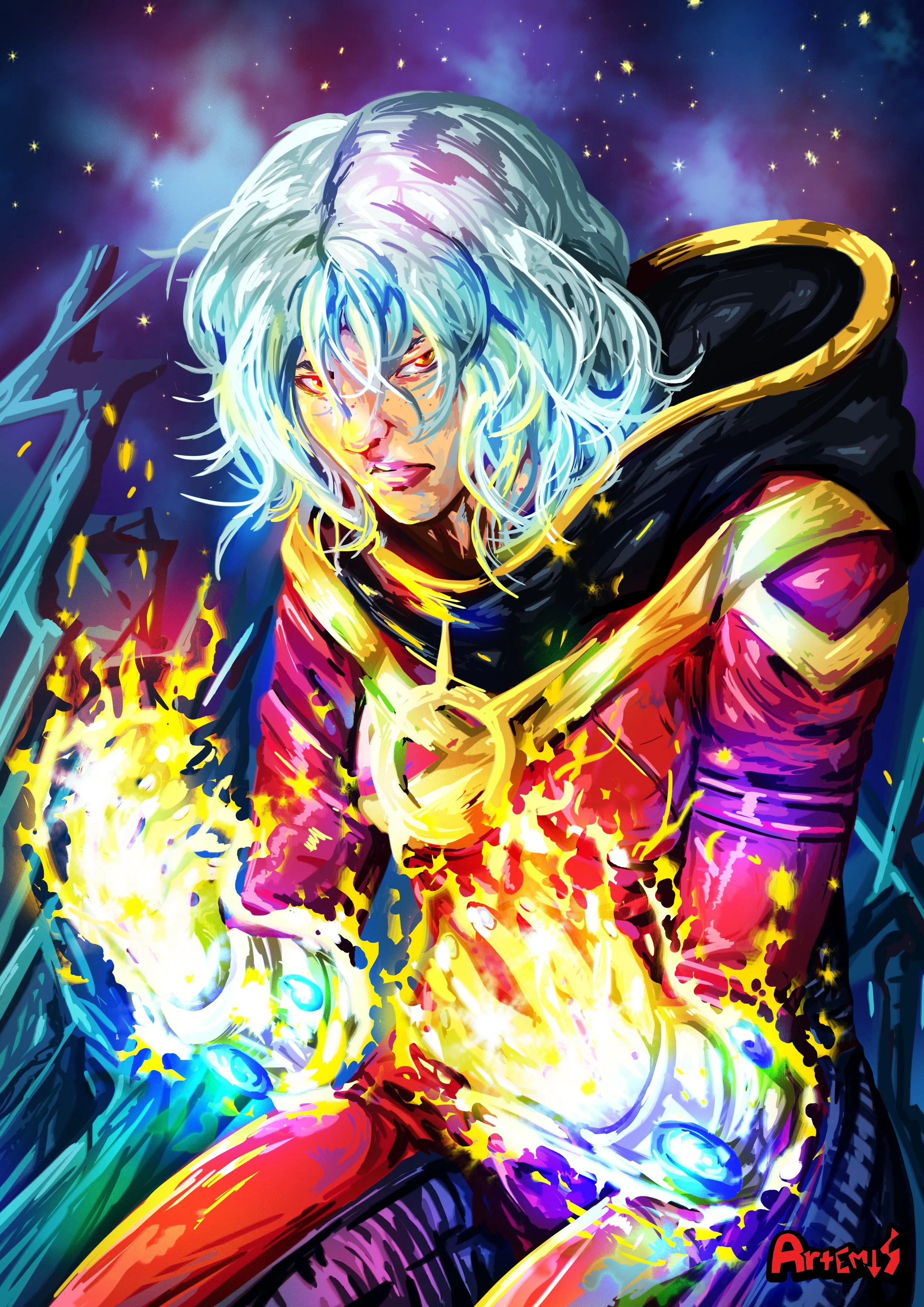 Digital artwork of a character with long, wavy, silver hair and glowing, fiery eyes. They are wearing a colorful, armored outfit with a black cape. The character appears to be conjuring or controlling glowing yellow energy with their hands, set again