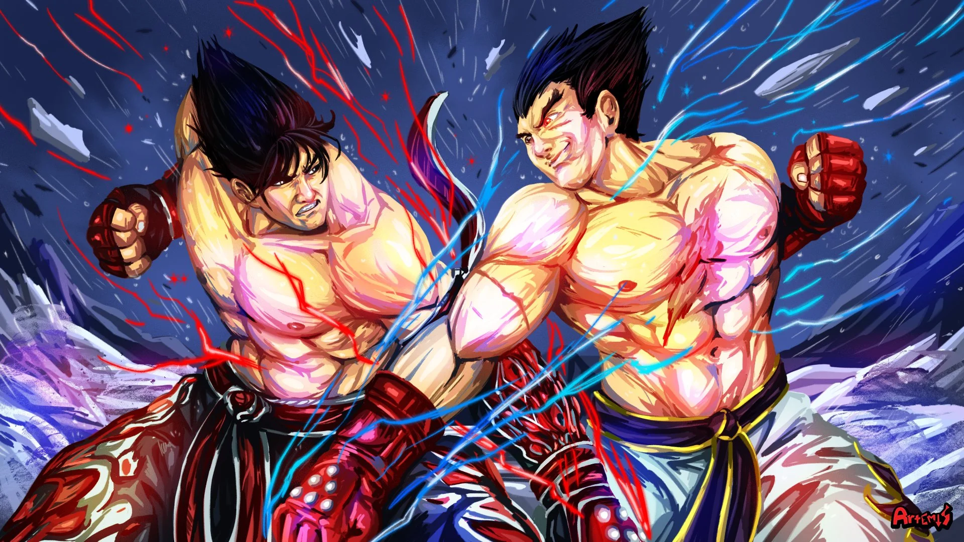An animated fighting scene featuring two muscular male characters with spiky black hair, shirtless, wearing martial arts pants and gloves, engaged in a fierce punch exchange, with lightning effects and energetic background strokes.