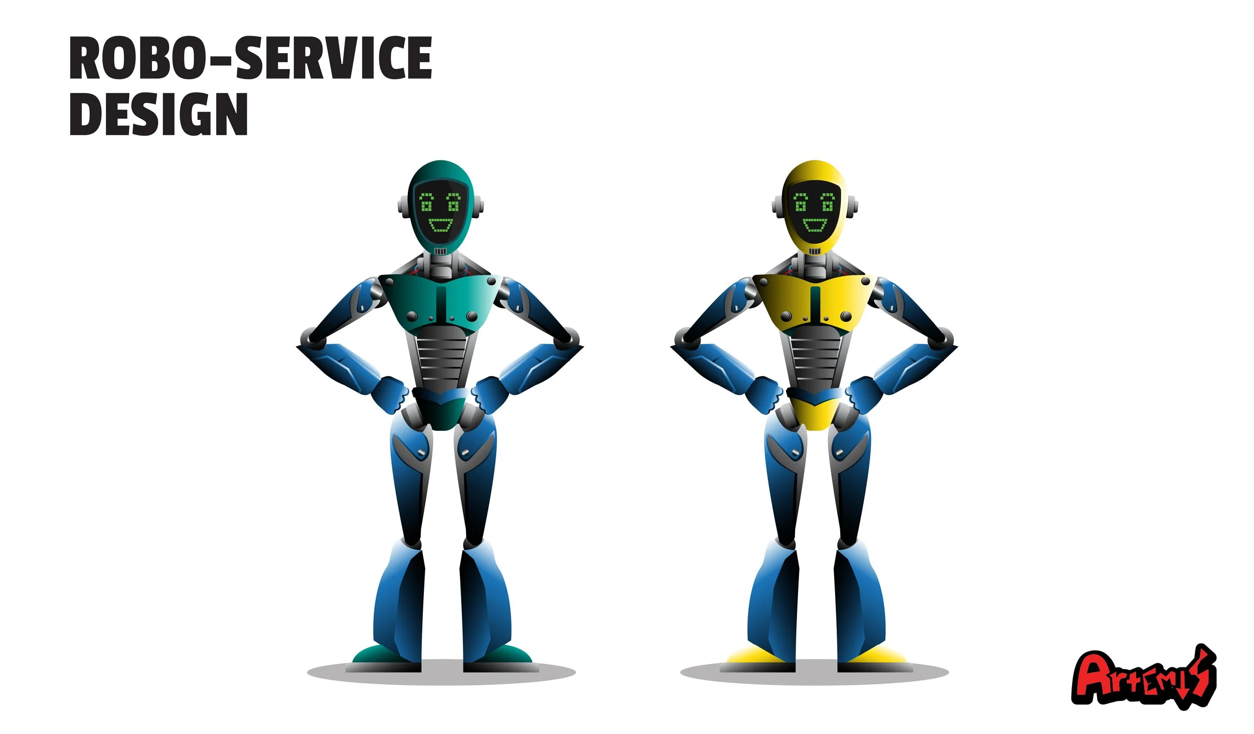 Two humanoid robots with smiling faces, one in blue and teal and the other in yellow and blue, standing with hands on hips, labeled 'ROBO-SERVICE DESIGN' in bold black text, with a red and black 'Artemis' logo at the bottom right corner.