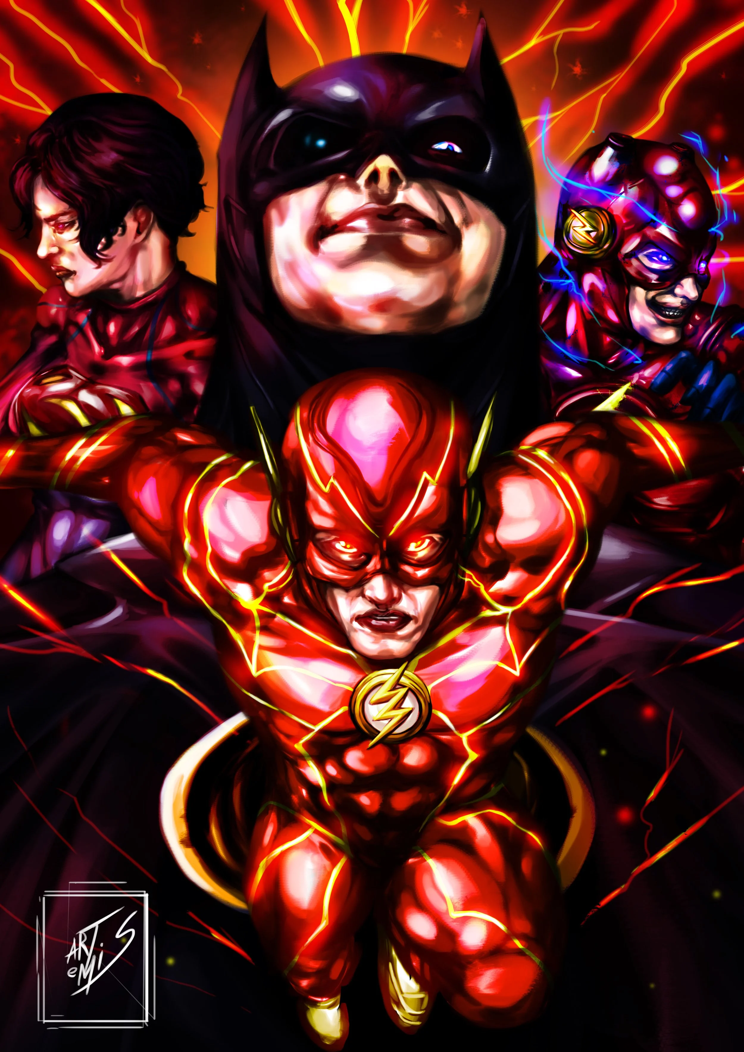 Illustration of The Flash, Batman, and The Reverse-Flash in a dynamic superhero pose with lightning effects.