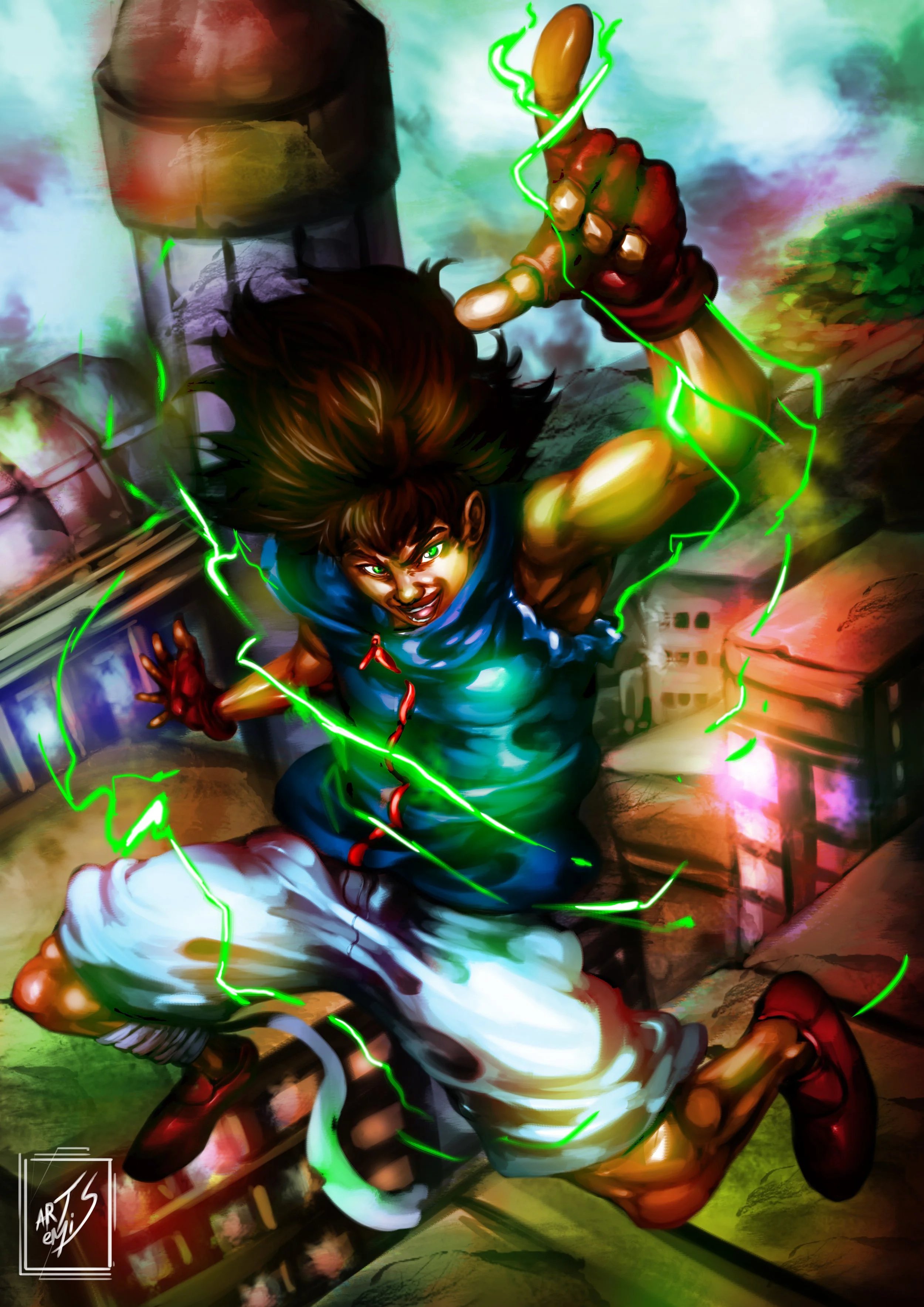 A dynamic illustration of a young male character with brown hair, wearing a blue shirt and white pants, surrounded by green lightning. He is in an aggressive pose with an intense facial expression, set against a colorful urban background with buildin