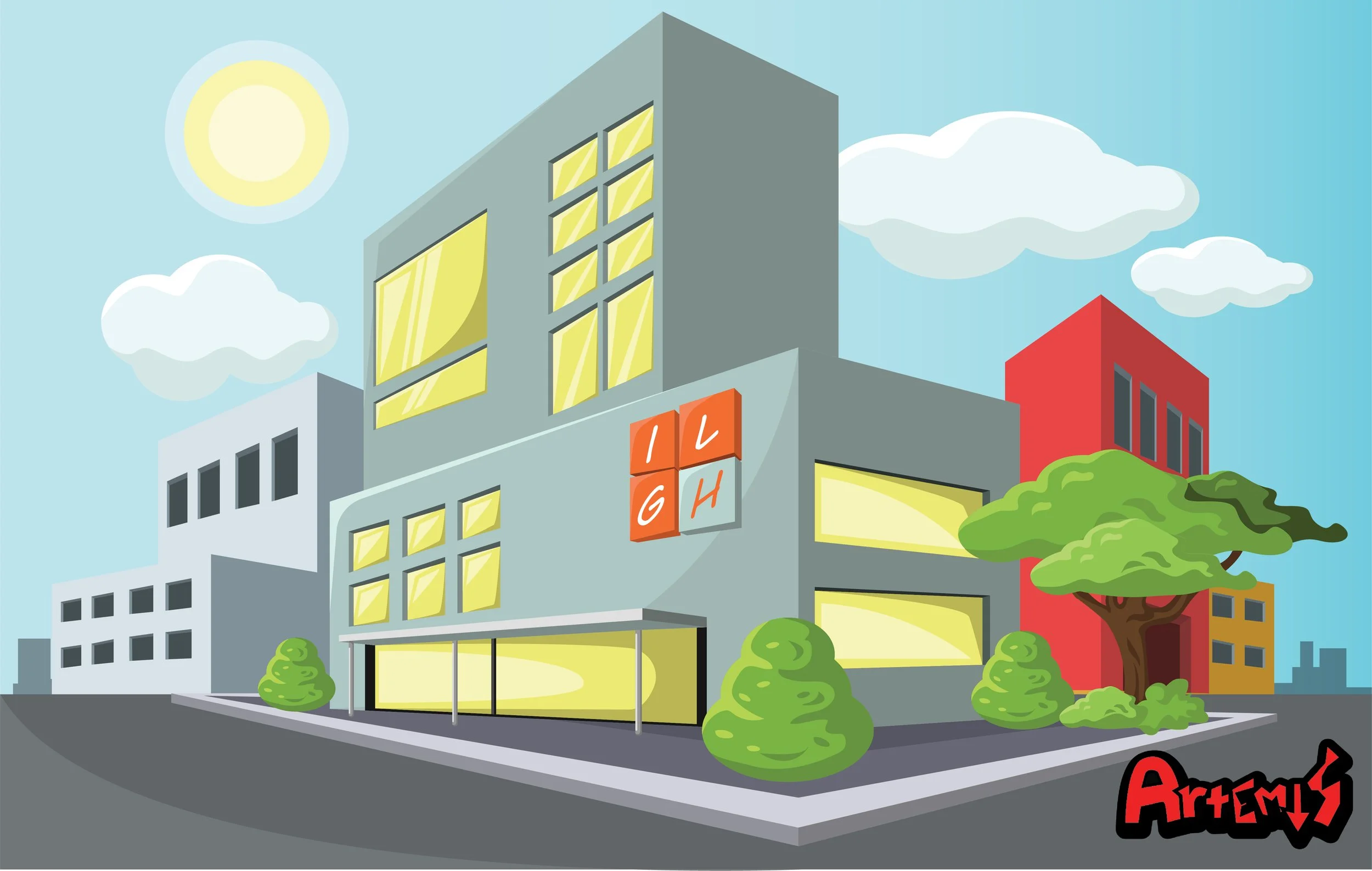 A cartoonish cityscape with modern buildings, a blue sky with clouds, a shining sun, and greenery including trees and bushes.