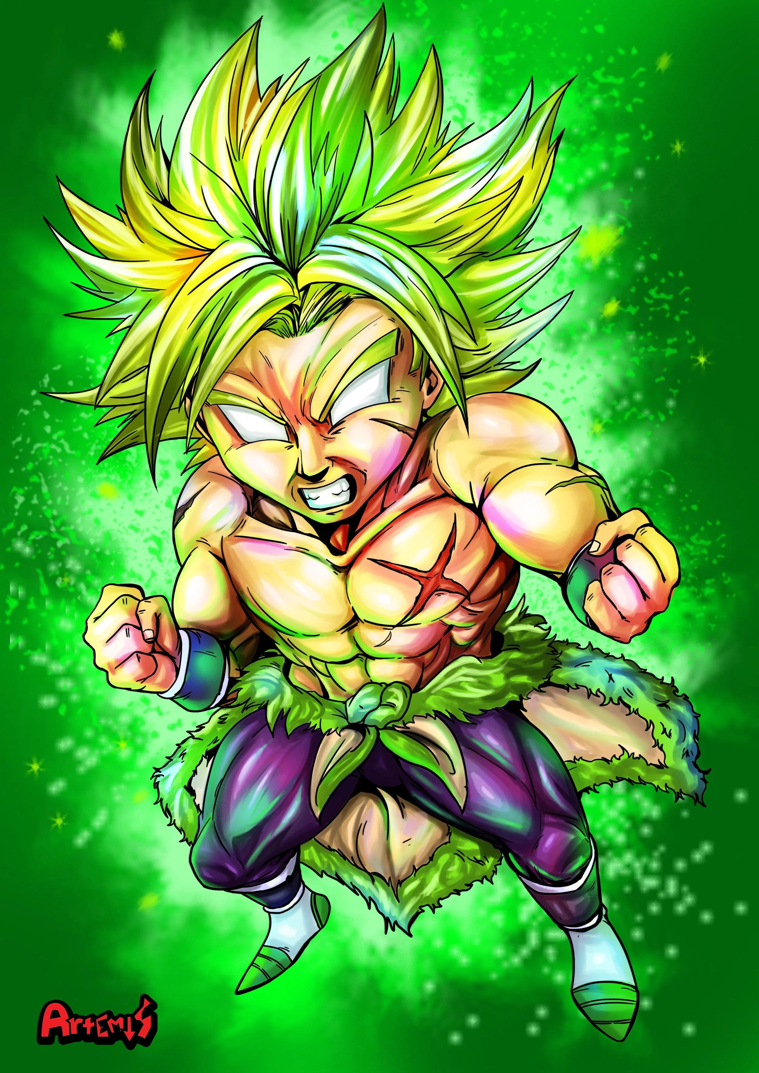 A stylized cartoon character with spiky green hair, muscular build, and green eyes, in an intense fighting pose against a vibrant green glowing background.