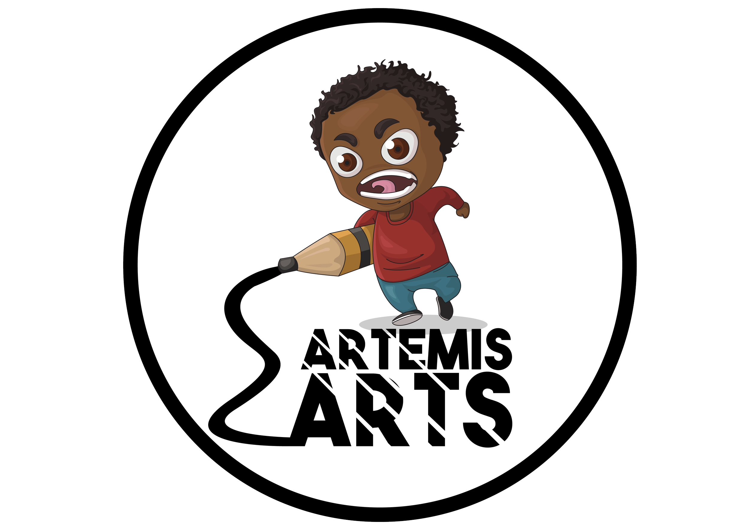 A cartoon illustration of a young boy with curly hair, an angry expression, wearing a red shirt and blue pants, holding a large pencil, with the words "Artemis Arts" underneath.