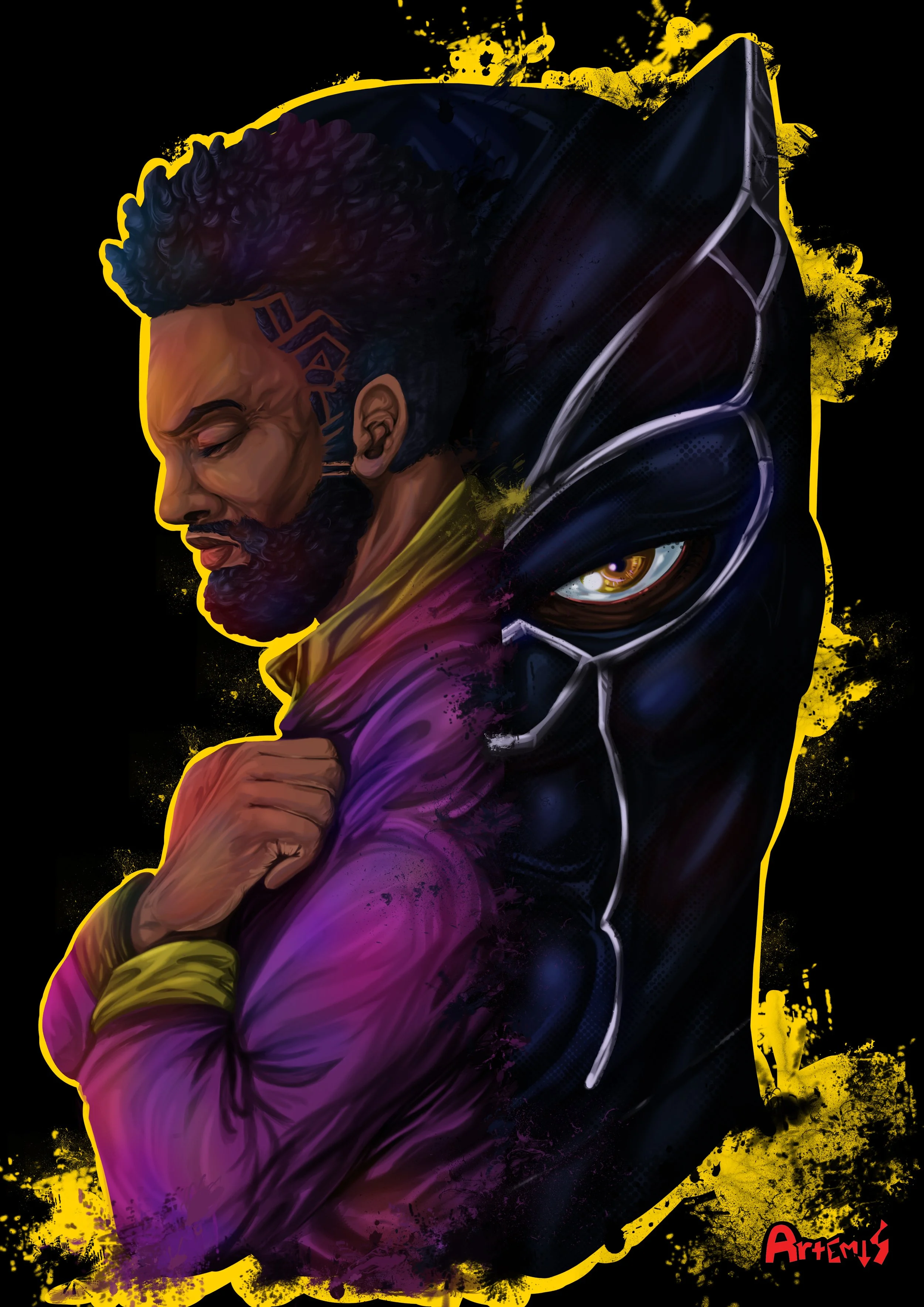 Digital artwork featuring a man with a beard and tattoos on his neck, wearing a purple hoodie, with a stylized black Panther mask partially overlaying him. The background is black with yellow paint splatters, and the artist's signature 'Artemis' is i