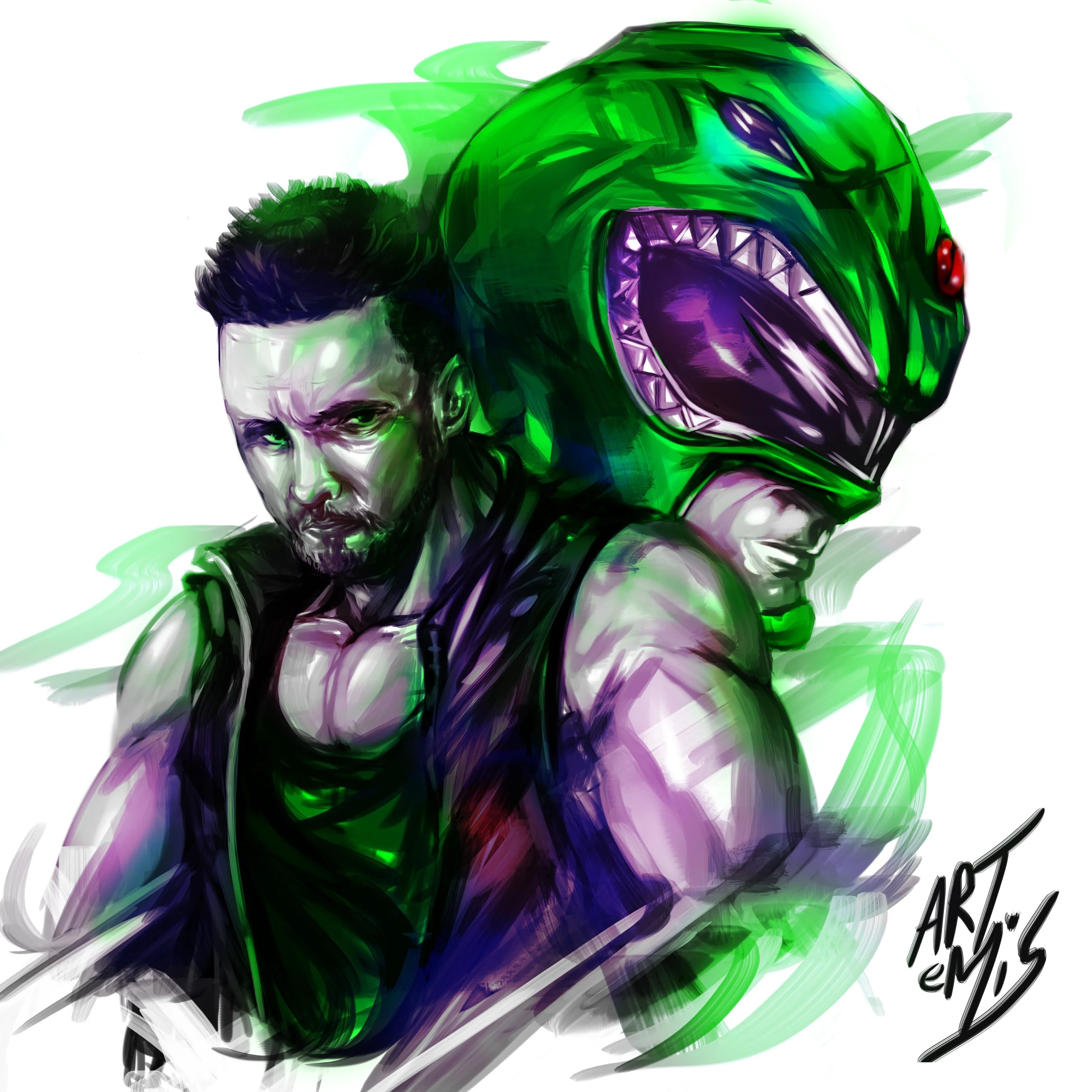 A digital illustration of a muscular man with dark hair, stern expression, and wearing a vest, standing in front of a large, green, robotic fish with a menacing open mouth showing sharp teeth, and glowing purple eyes.