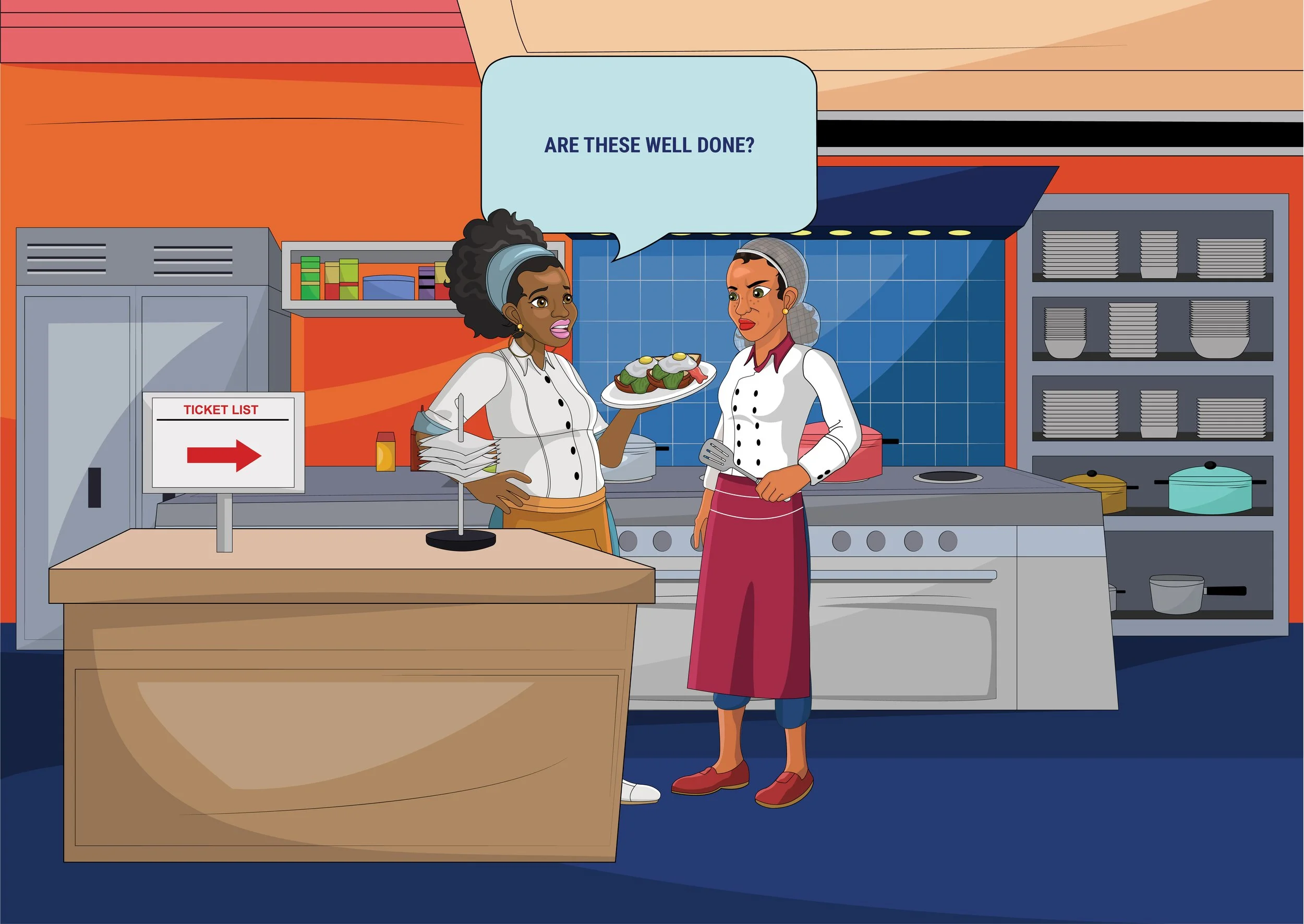 Two female chefs in a kitchen, one holding a plate of food and the other with her hands on her hips, engaged in a conversation with a speech bubble that asks, 'Are these well done?'. The kitchen has blue and orange walls, shelves with stacks of plate