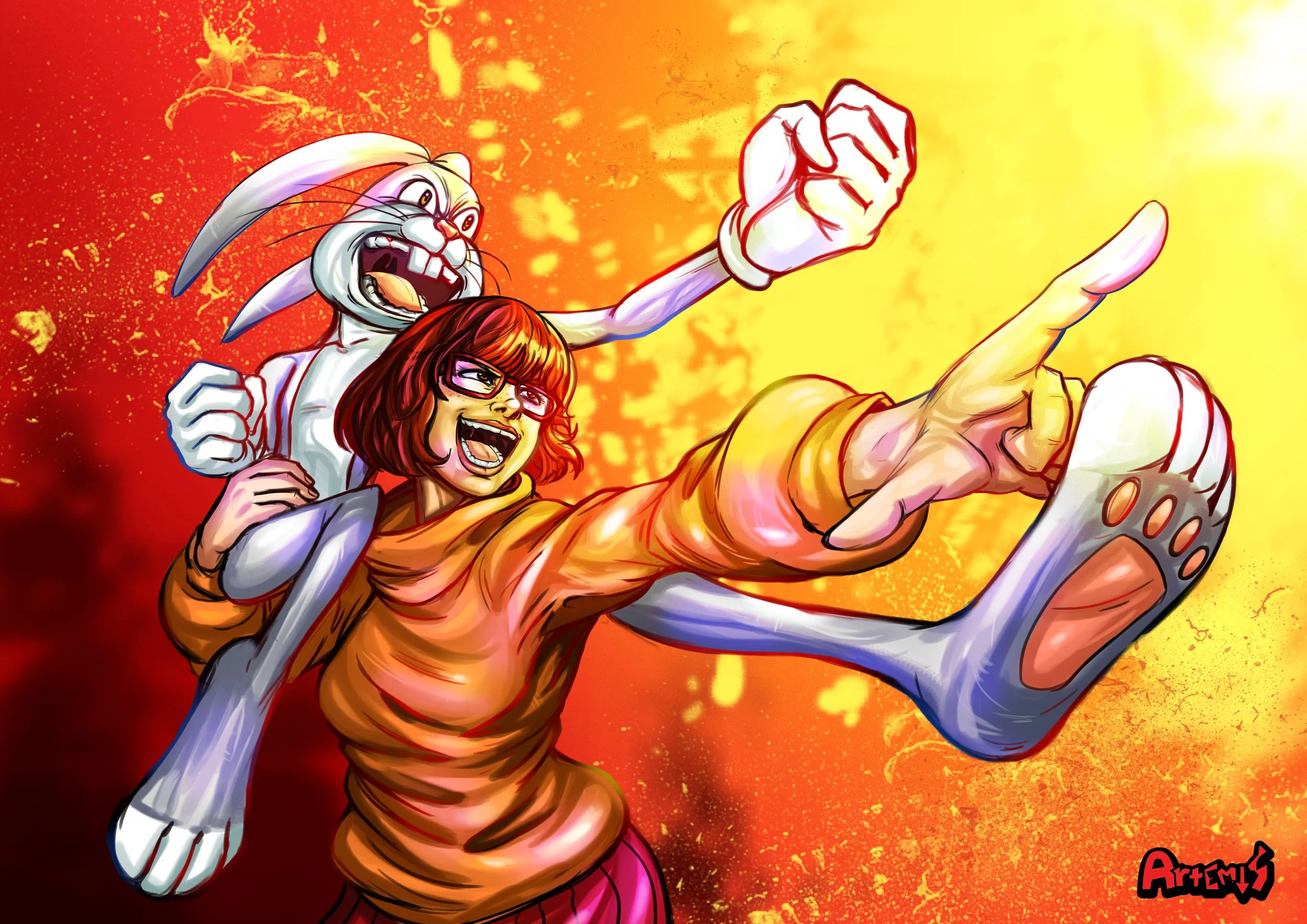 Animated illustration of a young woman with glasses and a bunny character, both cheering and pointing against a fiery orange background. The woman has short brown hair and is wearing an orange hoodie, while the bunny has white fur and long ears. The 