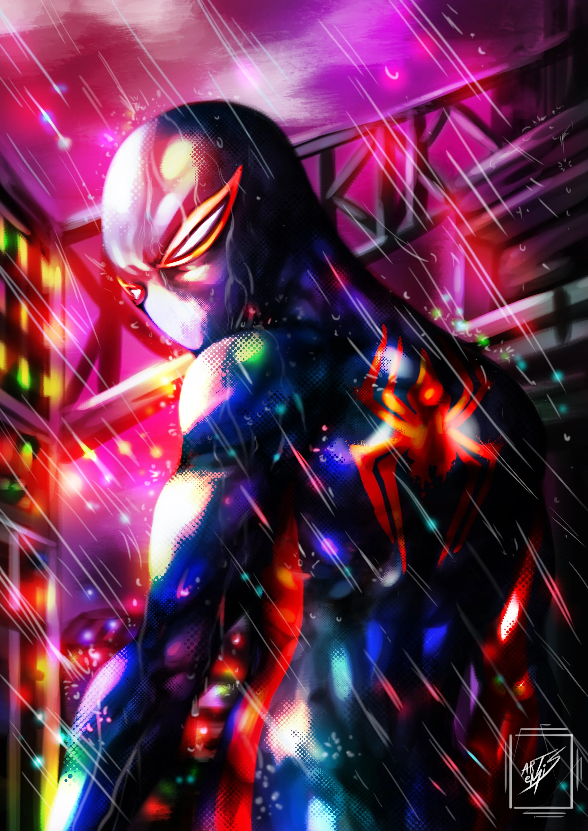 Digital artwork of Spider-Man in a black suit with glowing red and white accents, set against a vibrant, colorful cityscape with neon lights and rain.