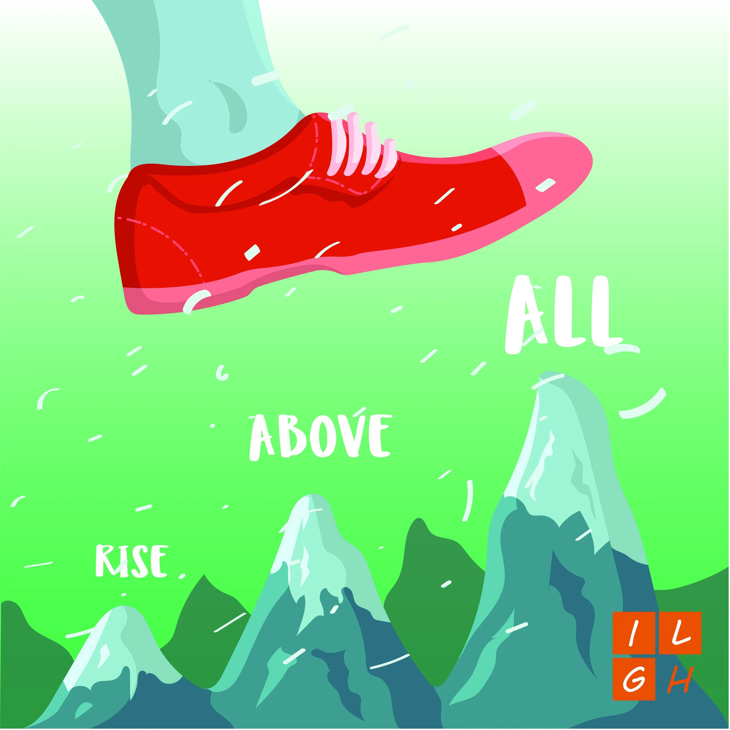 Illustration of a red running shoe above mountain peaks with the words 'RISE', 'ABOVE', and 'ALL' in a stylized font.
