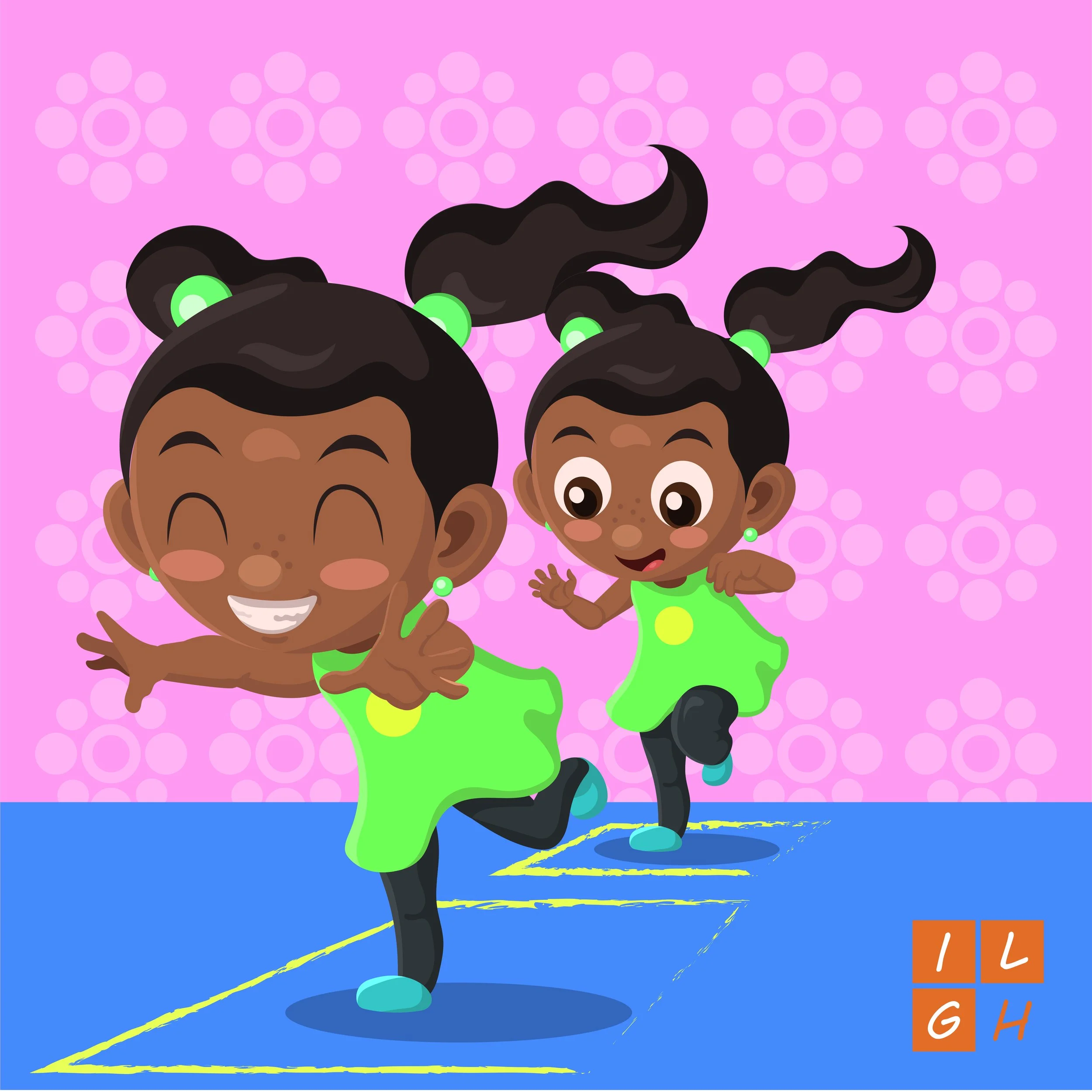 Two young girls with black hair styled in pigtails, wearing bright green dresses, running excitedly on a track with a pink background decorated with circular patterns.