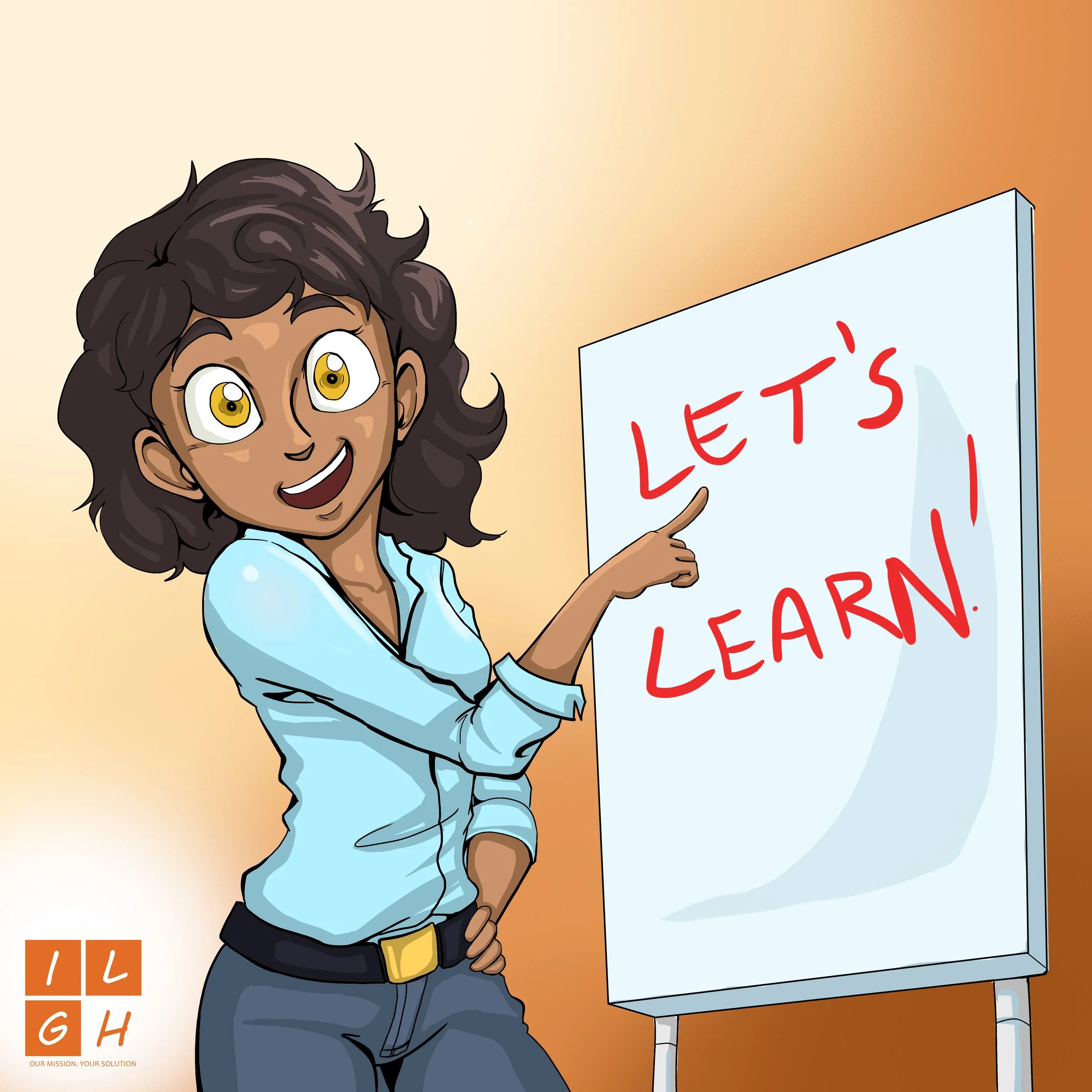 A cartoon woman with dark curly hair, wearing a light blue blouse and dark jeans, points at a whiteboard that says 'LET'S LEARN' in red letters.
