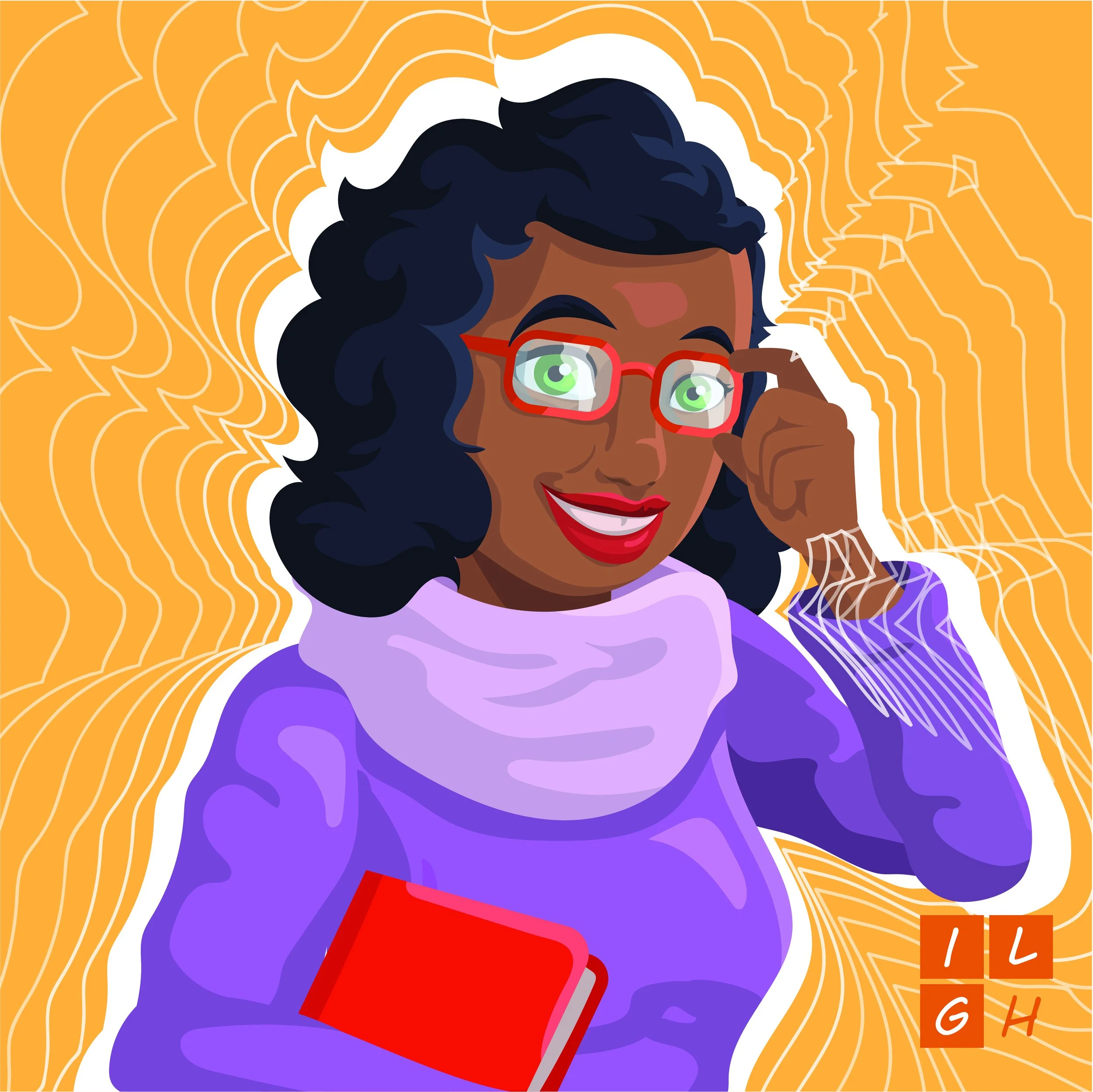 Cartoon woman with dark curly hair and green eyes, wearing glasses, red lipstick, a purple turtleneck sweater, holding a red book, smiling, with an orange background featuring abstract white lines.