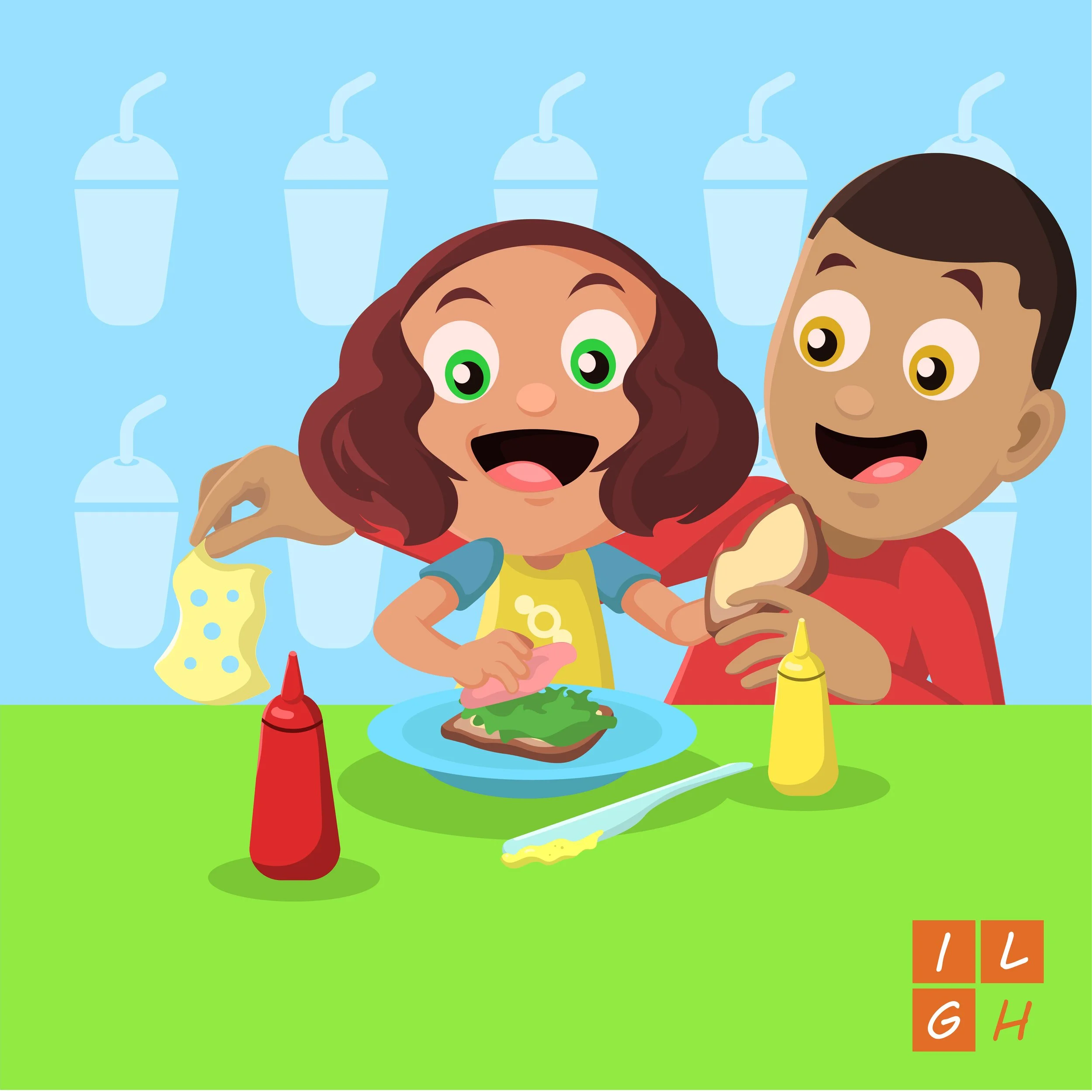Two children sitting at a green table, happily making sandwiches. The girl has curly brown hair and green eyes, holding a slice of bread, and the boy has short dark hair and brown eyes, holding a piece of bread. On the table are ketchup and mustard b