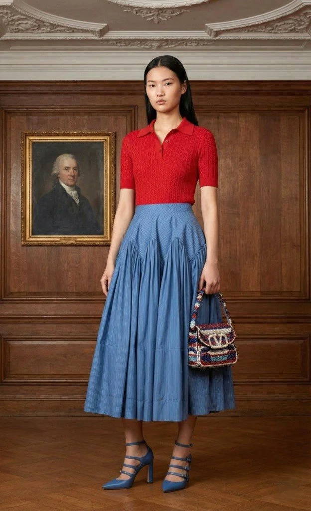 A woman in a red short-sleeved polo shirt and a long blue pleated skirt stands in a wooden-paneled room with ornate ceiling molding. She holds a patterned handbag and wears blue high-heeled shoes. Behind her is a framed portrait of a man.