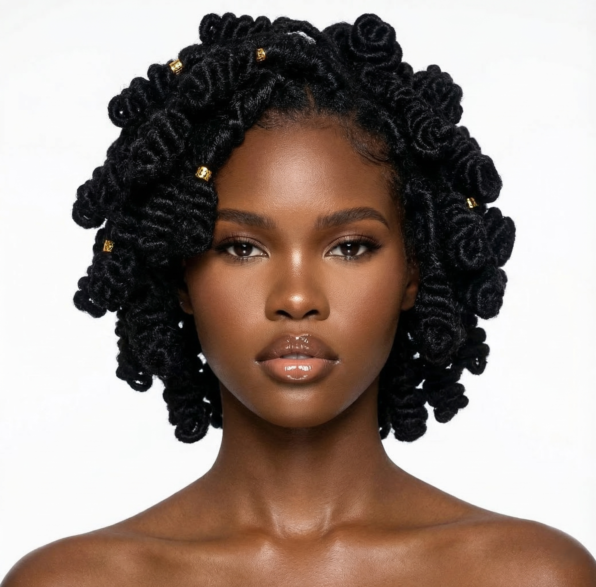 A woman with dark skin and natural black hair styled in large, twisted bantu knots accented with small gold beads, facing forward against a plain white background.