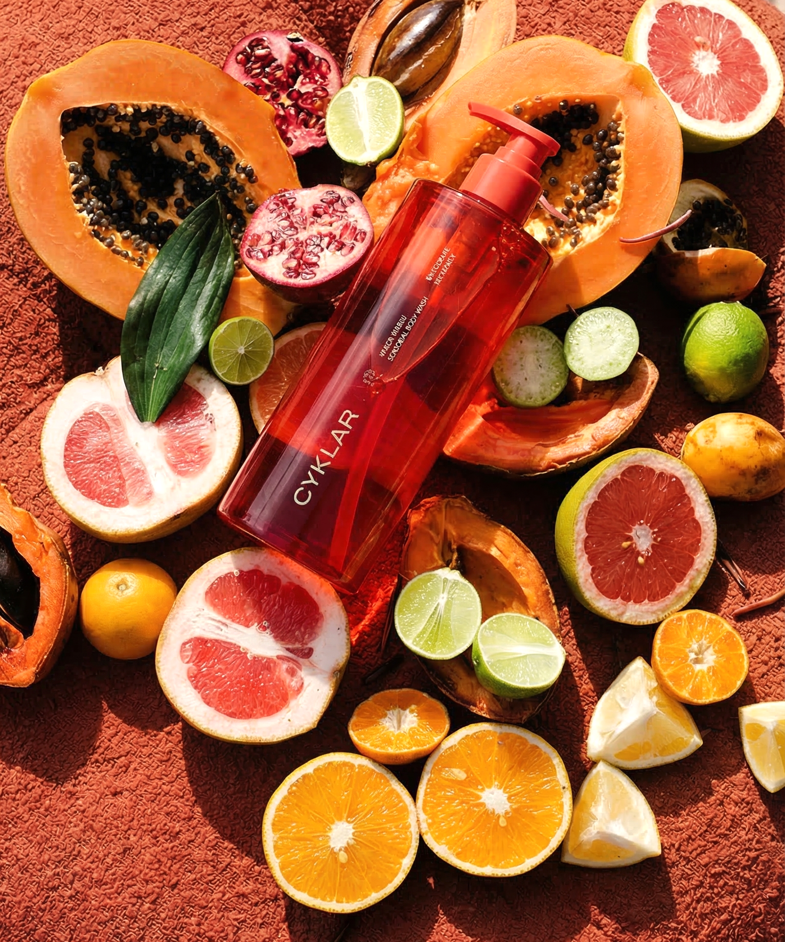 A red bottle with the brand name 'CYKLER' is surrounded by assorted fresh fruits including papayas, grapefruits, pomegranates, limes, lemons, and oranges on a textured reddish-brown surface.