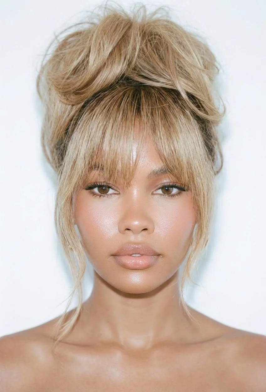 Close-up portrait of a woman with blonde hair styled in a messy updo, neutral makeup, and bare shoulders.