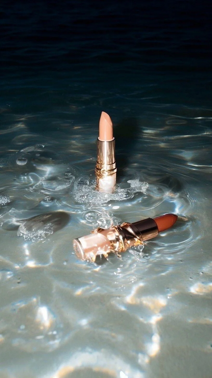 Two lipsticks, one standing and one lying in water, with ripples and reflections, creating an artistic visual effect.
