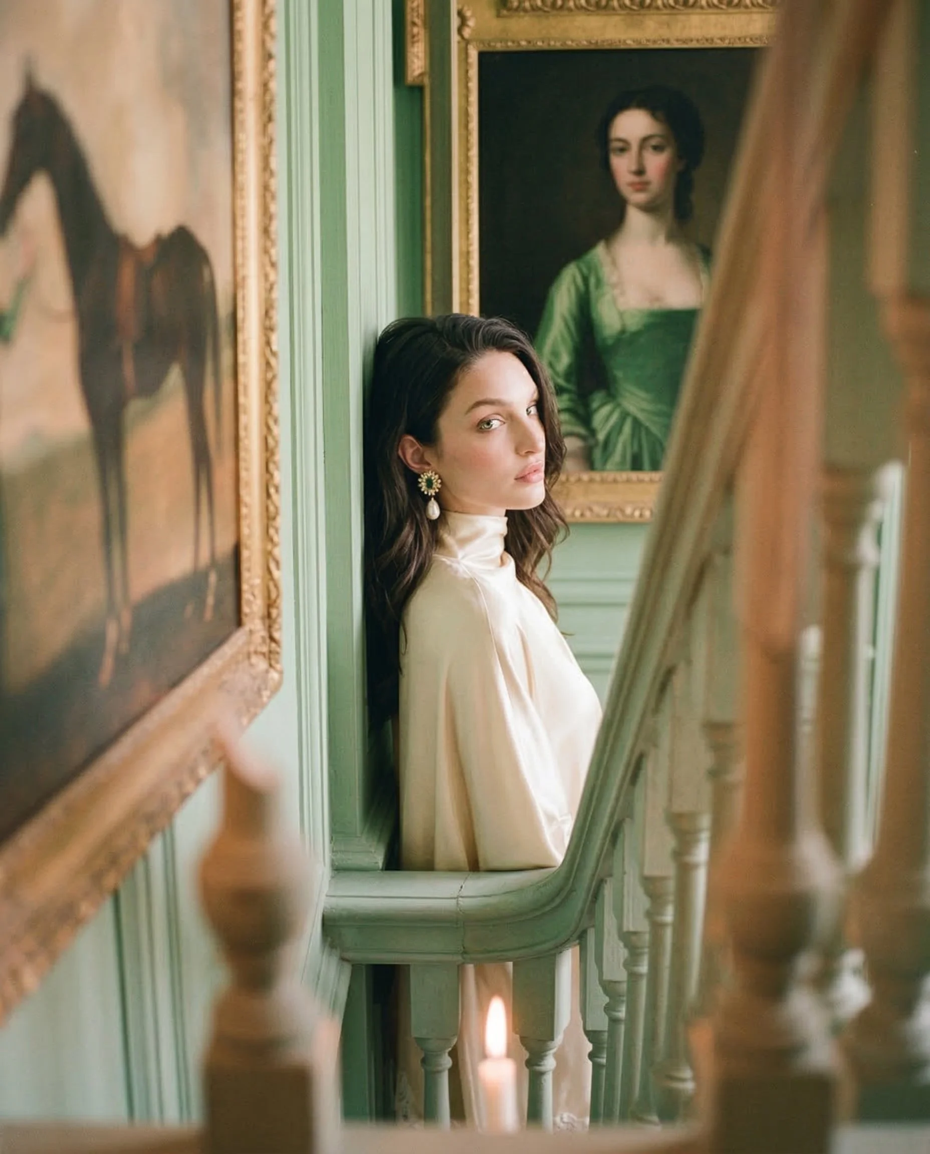A woman with dark hair and earrings leans against a green wall, surrounded by framed paintings in an elegant, vintage-style interior. Studio Abdul ai campaign image 