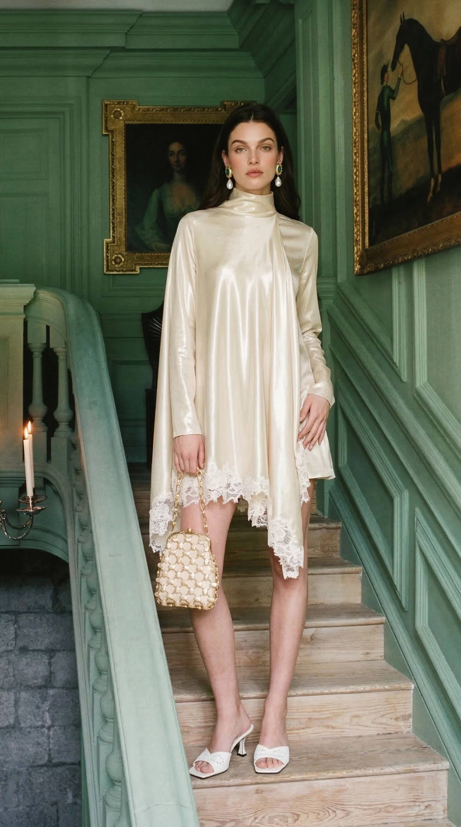 A woman wearing a satin cream-colored dress with lace trim, holding a patterned handbag, standing on a wooden staircase in a green-paneled room with portraits on the walls. Studio Abdul ai campaign image 