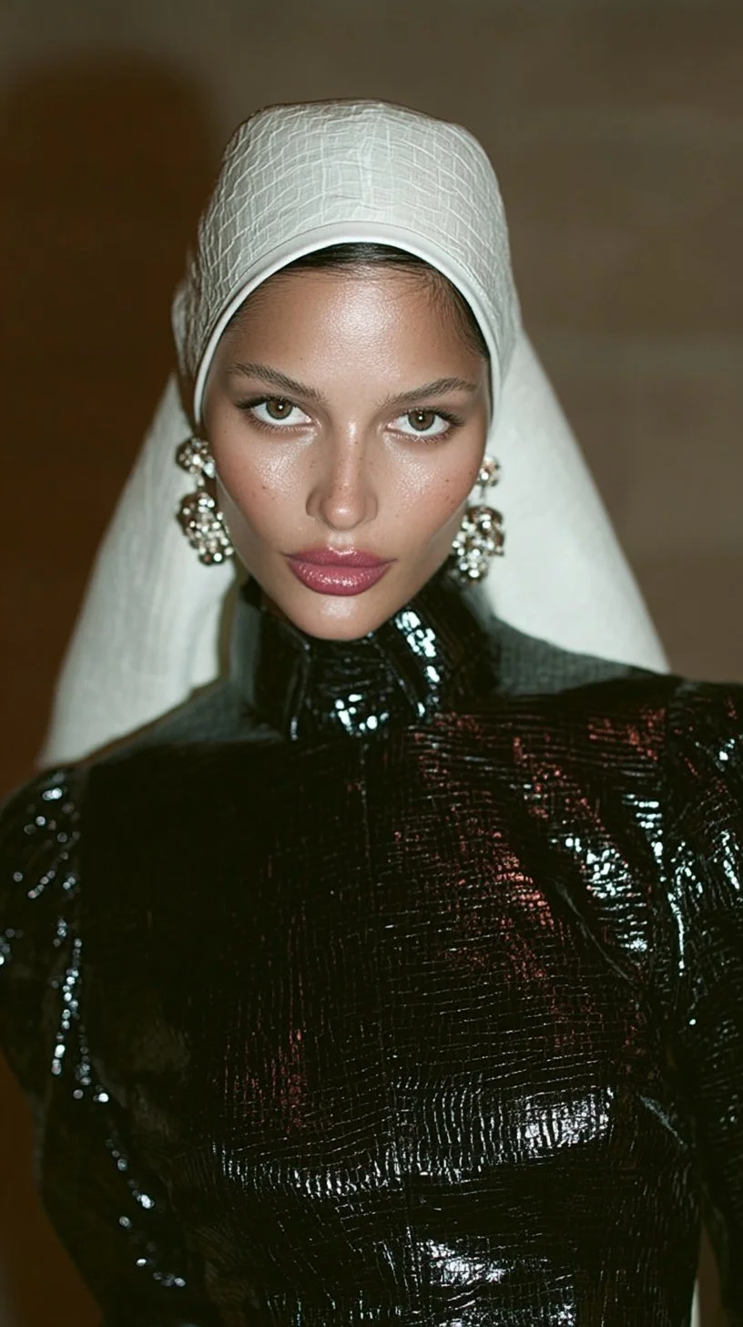 A woman wearing a white headscarf, large earrings, and a shiny black outfit, looking directly at the camera.