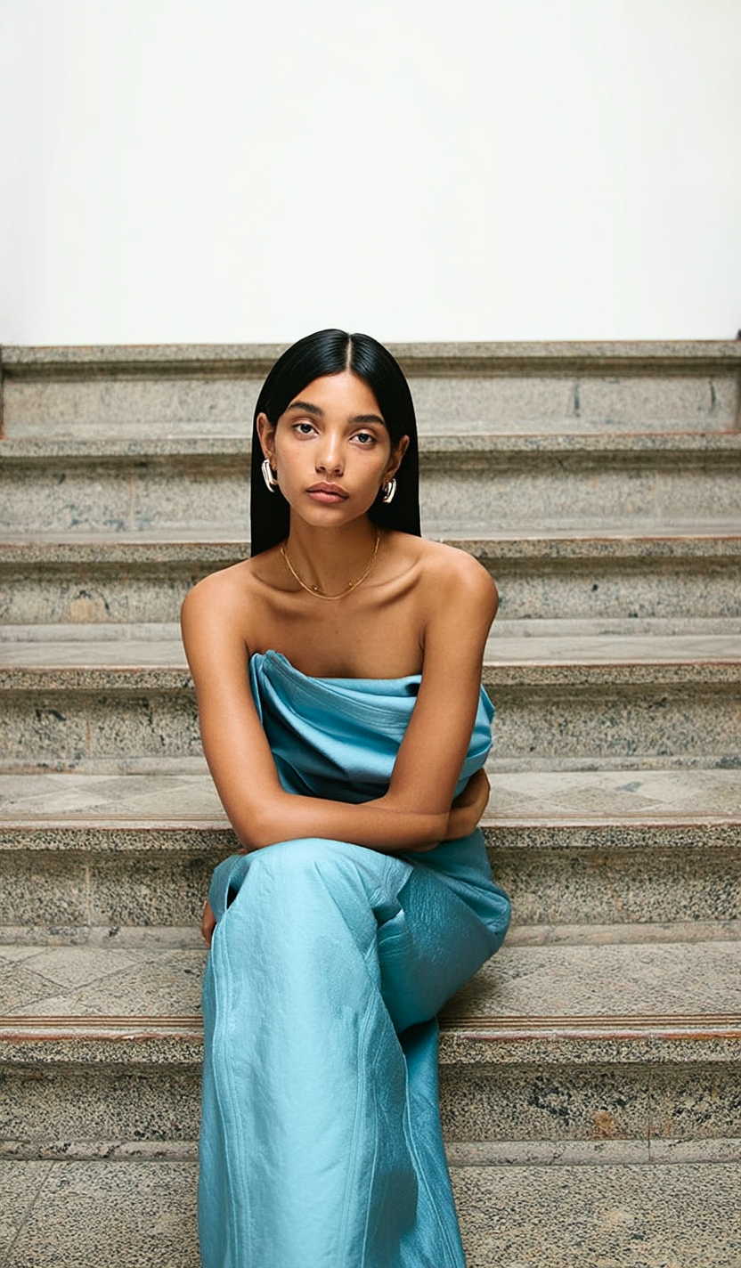 Elegant editorial photo of a stylish woman in a turquoise satin one-shoulder gown, seated at an outdoor café. Ideal for luxury fashion, travel lifestyle, AI stock imagery, beauty branding, and social content. Created and Edited by Studio Abdul