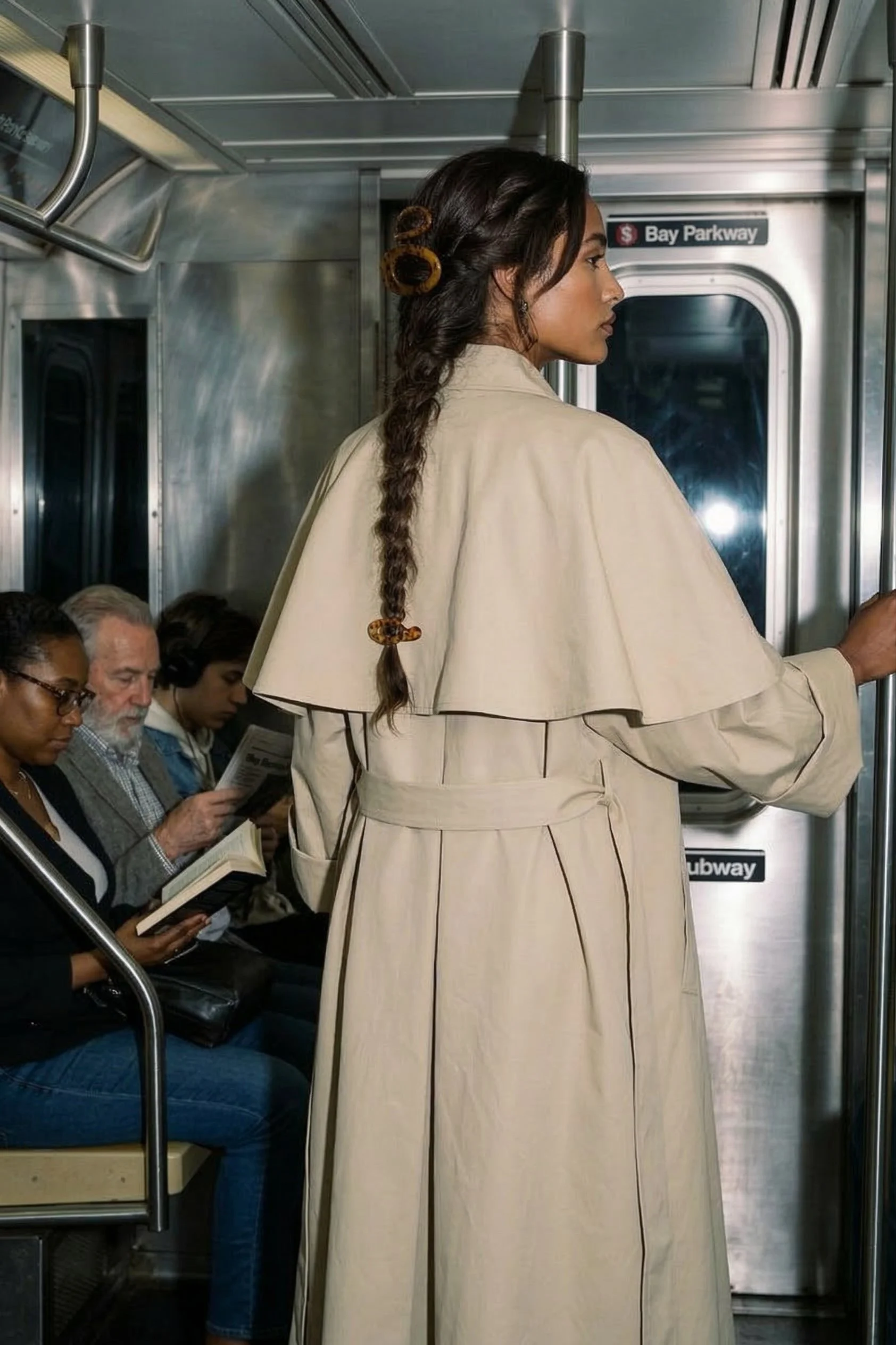 A woman with dark hair styled in braids and hair accessories, wearing a beige trench coat, standing and holding onto a subway handrail.
