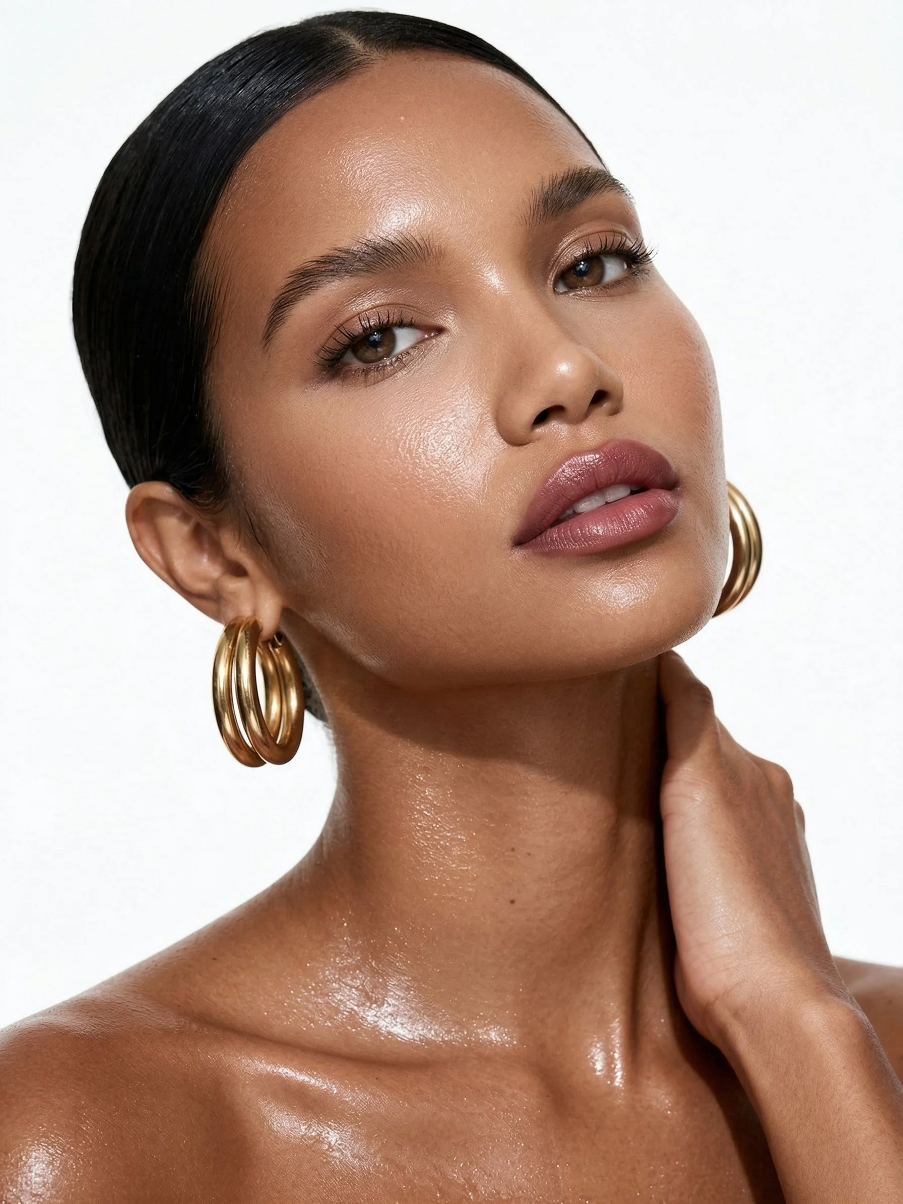 Close-up of a woman with smooth, glowing skin and dark, glossy hair pulled back, wearing gold hoop earrings, with a neutral expression against a white background.