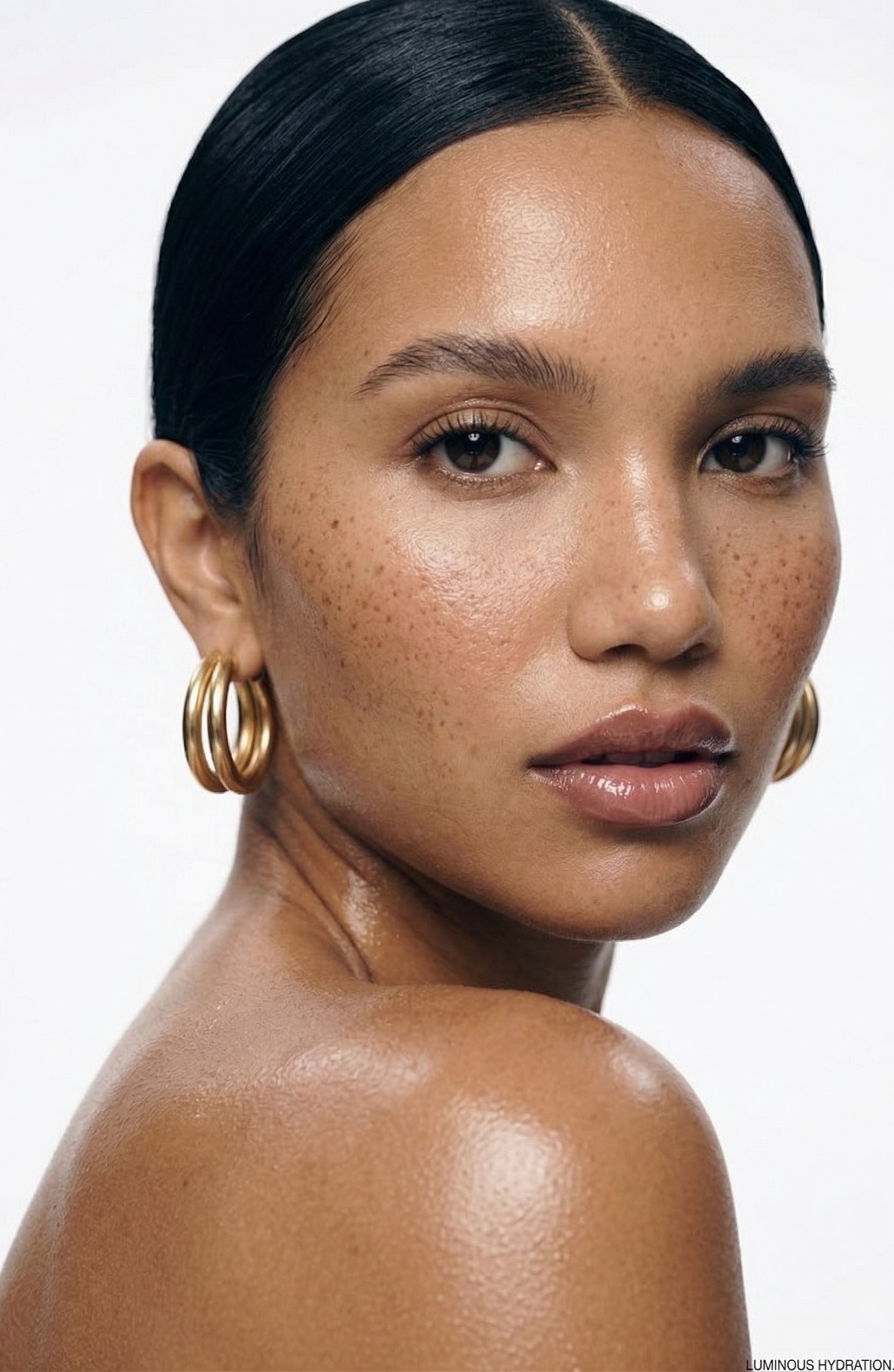 Close-up of a woman with gold hoop earrings, dark hair, and natural makeup, showing her face and shoulder, with clear, glowing skin.