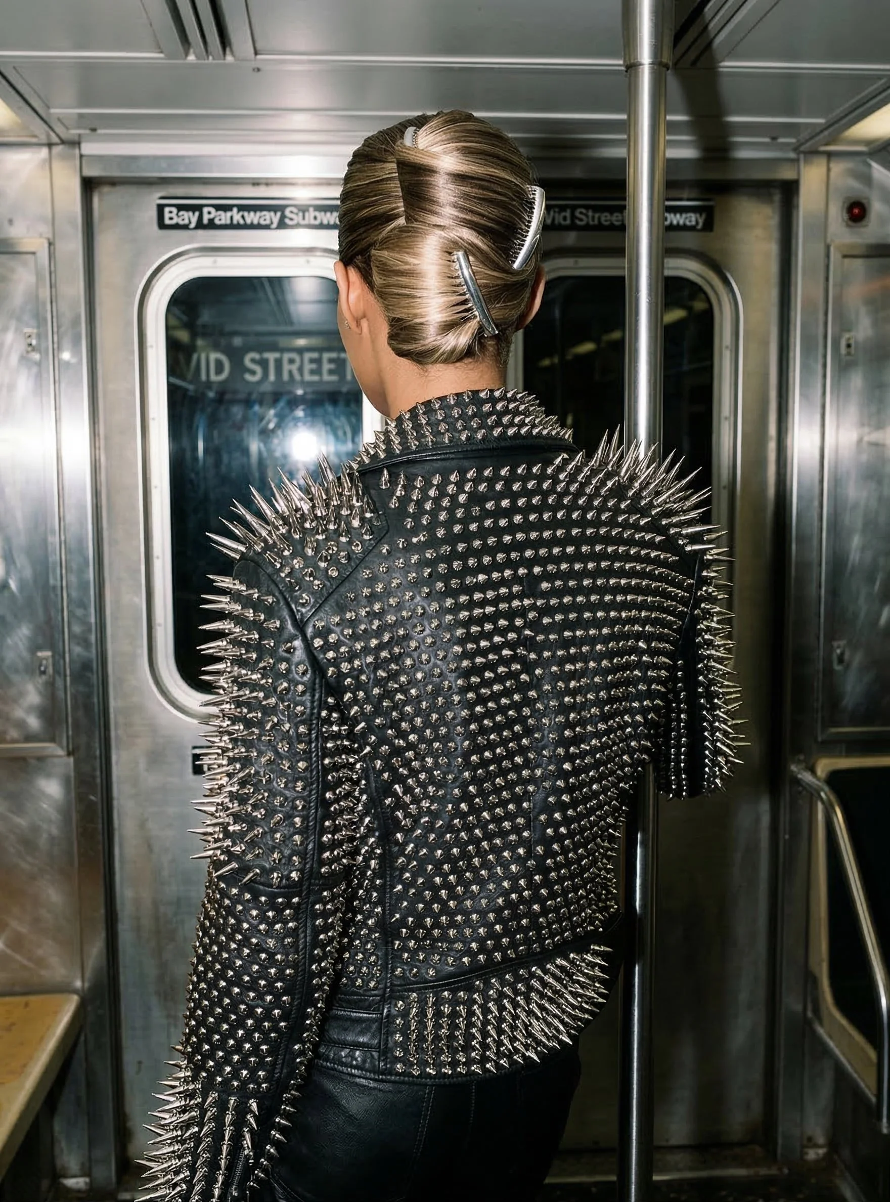 Person with slicked-back hair in a gritty subway train, wearing a black leather jacket with metallic spikes all over.