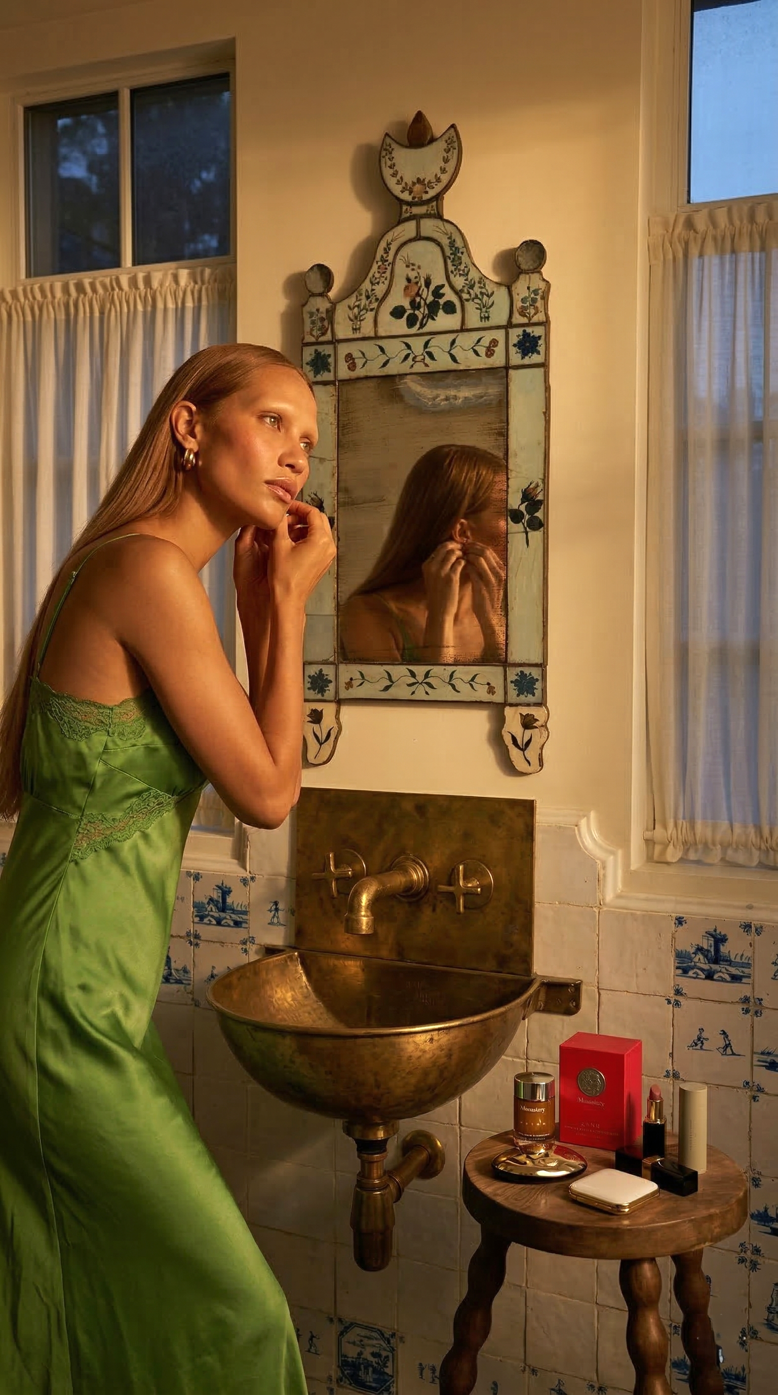 Woman with long blonde hair in a green satin slip dress looking into a small mirror above a vintage metallic sink in a bathroom with blue and white tile walls and a wooden table with skincare products.