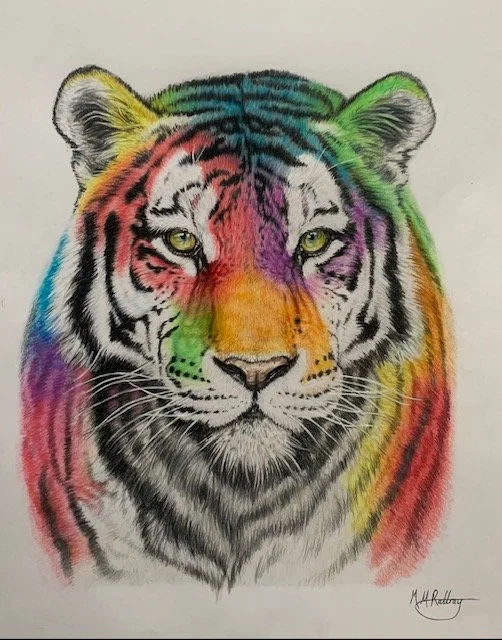 Colorful drawing of a tiger with rainbow-colored stripes and realistic eyes.