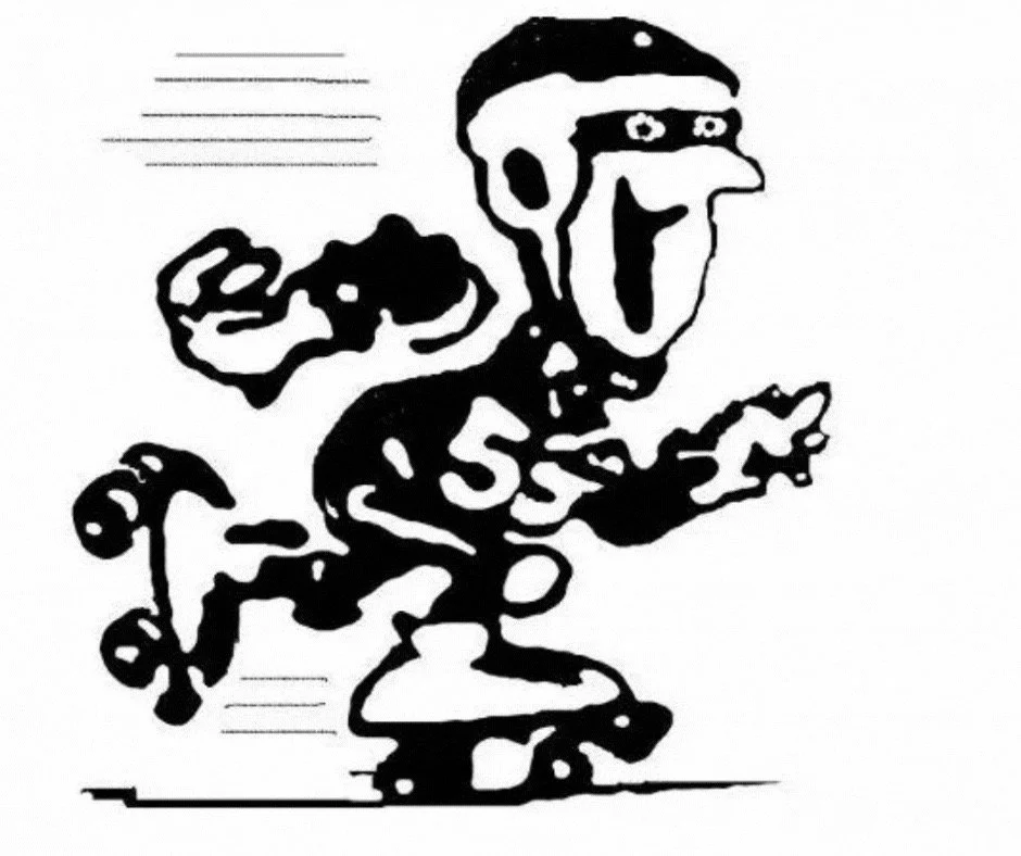 A black and white line drawing of Snoopy from Peanuts dressed as a football player, running with a football in his hand.
