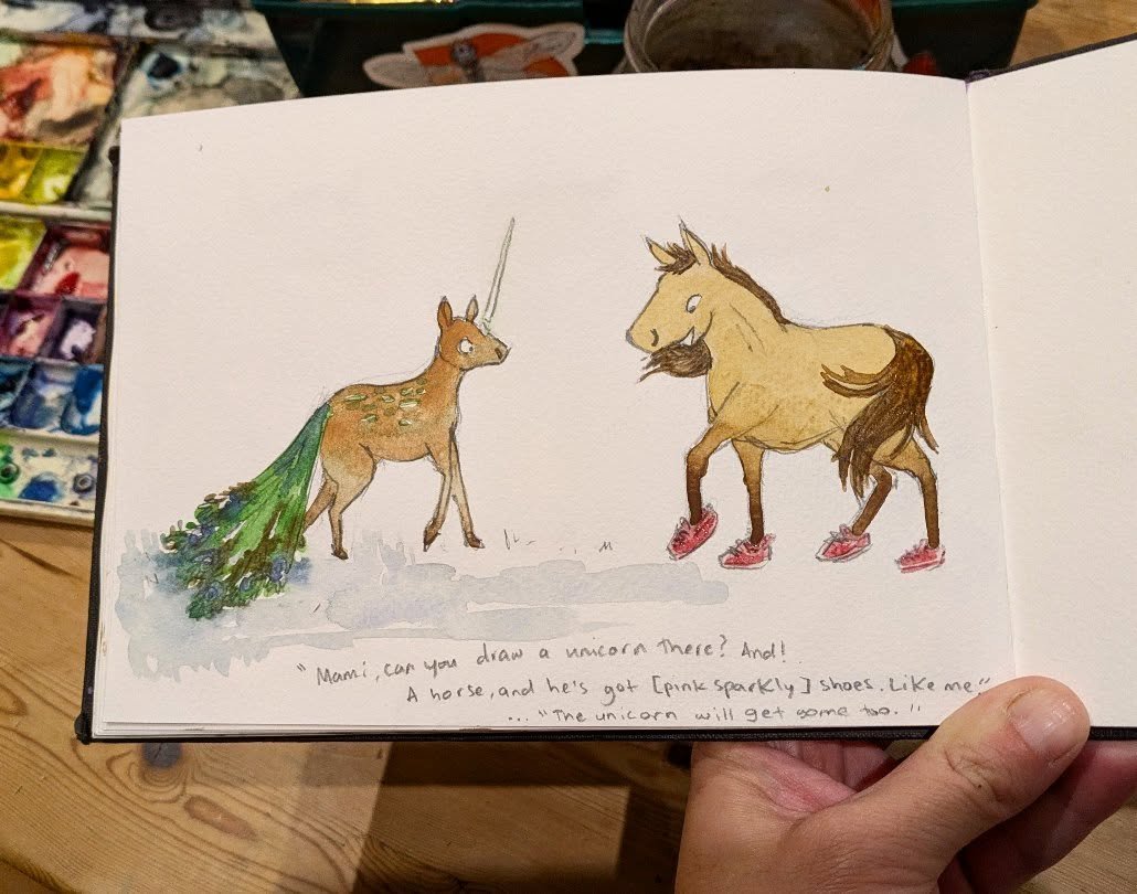 Doodles for my daughter... The start of a story right there. 
"Mami, can you draw a unicorn there? And! A horse, and he's got sparkly shoes like me." ... "The unicorn will get some too." 
#illustration #traditionalmedia #watercolo