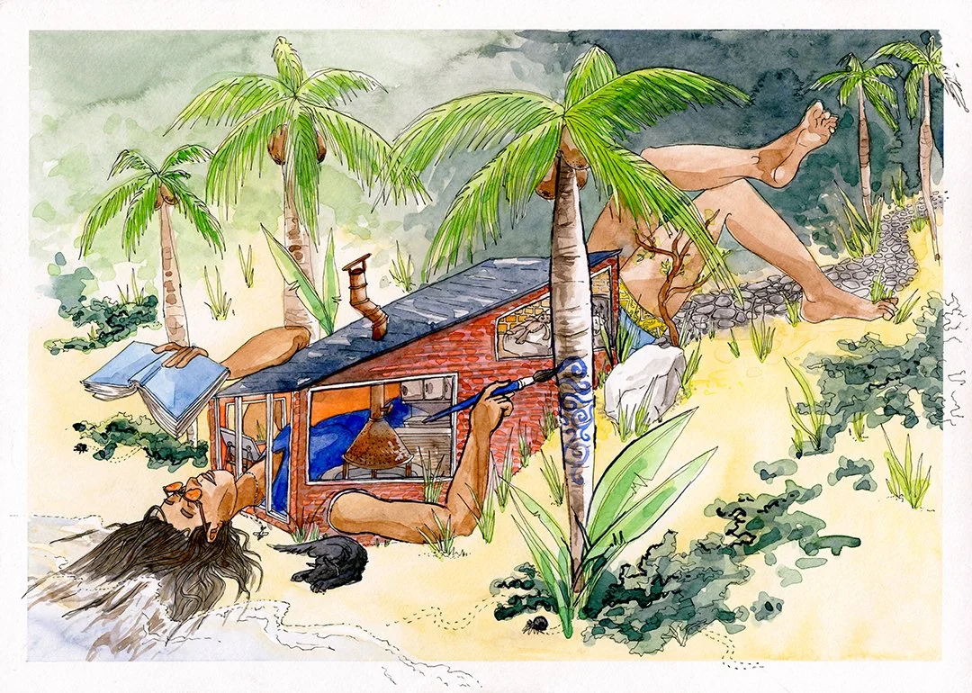 A surreal painting by Diana Meraz Carnevale showing a giant woman lying on her back in the beach reading a book and painting a tree. Around her body is a house with a copper chimney visible through the window. A black dog lies curled up by her head