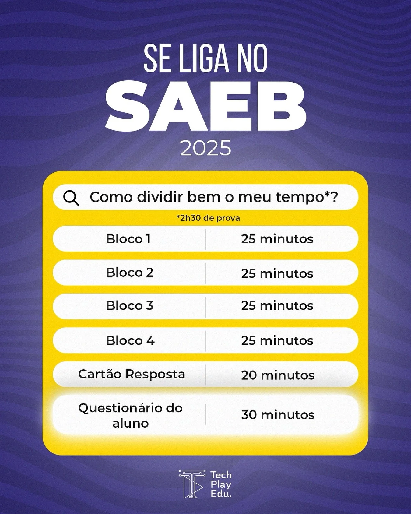 Prova SAEB chegou! ⏰
Ainda tem d&uacute;vida de como administrar o tempo?
Confere as dicas e garanta seu melhor desempenho! 💡