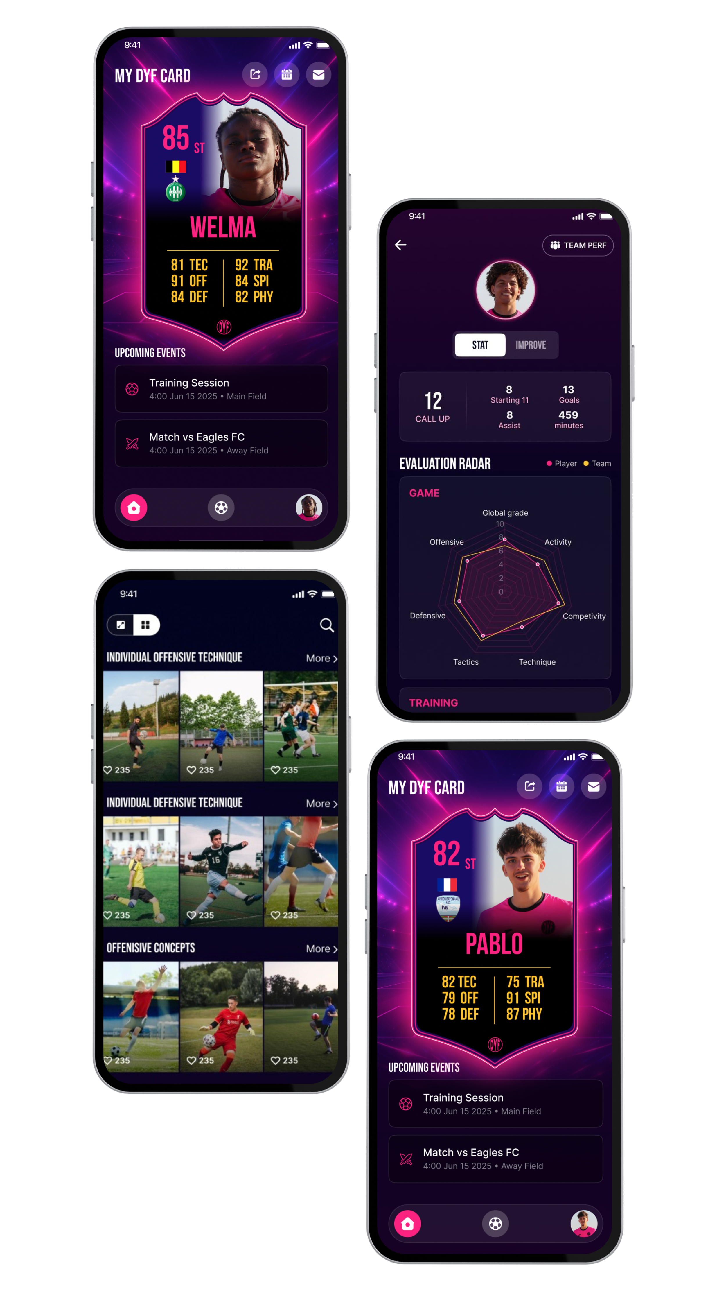 Four smartphone screens displaying a soccer player app with digital cards showing player profiles, stats, upcoming events, and training information.