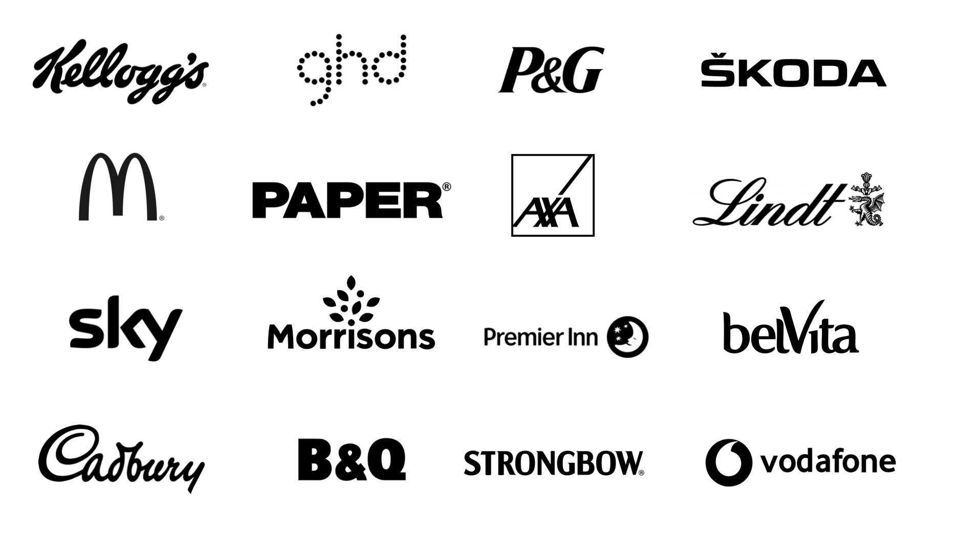 Black and white image displaying the logos of various well-known brands and companies, including Kellogg's, Ghd, P&G, Škoda, McDonald's, Paper, AXA, Lindt, Sky, Morrisons, Premier Inn, BelVita, Cadbury, B&Q, Strongbow, and Vodafone.