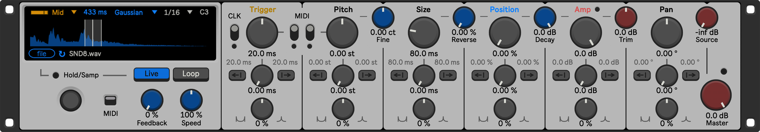 IPERMASSIVE Granular Workstation Max for Live Audio Device for Ableton Live interface showing all granular synthesis parameters and a display for MIDI compatibility and waveform visualisation