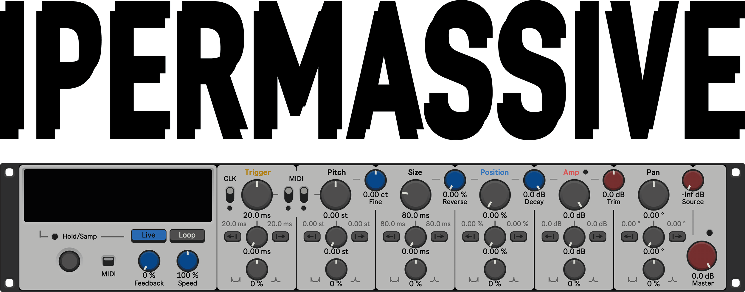 IPERMASSIVE Granular Workstation Max for Live Audio Device for Ableton Live interface showing all granular synthesis parameters and a display for MIDI compatibility and waveform visualisation