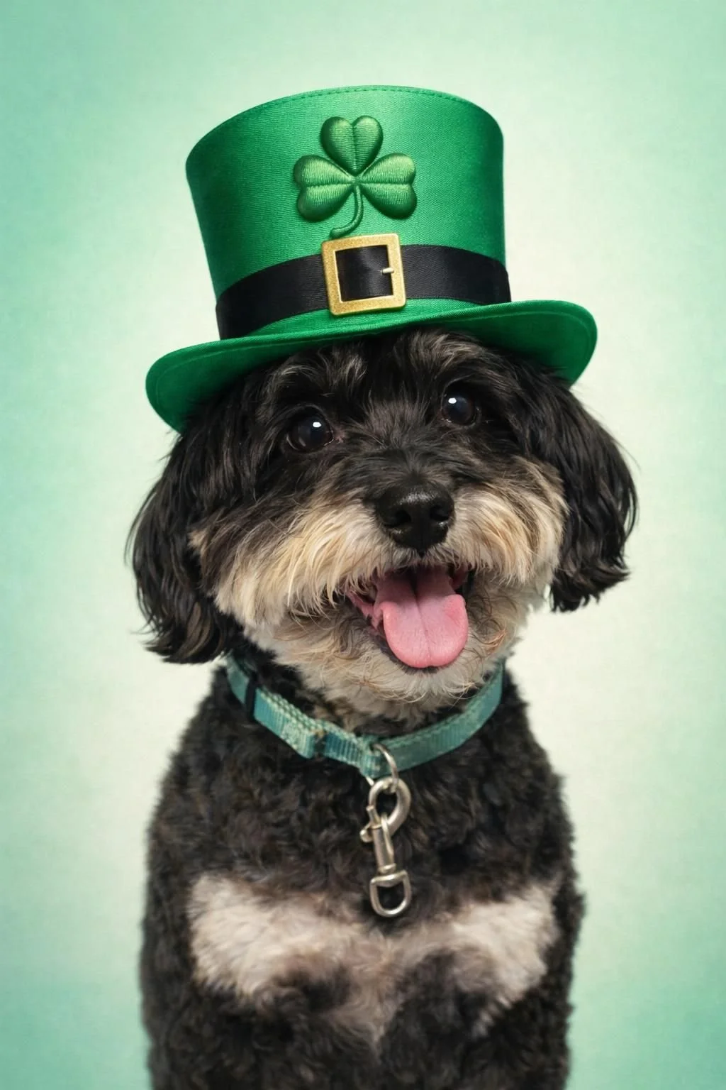 A cute black, gray, and white dog with a fluffy beard is wearing a green leprechaun hat decorated with a shamrock, set against a light green background.