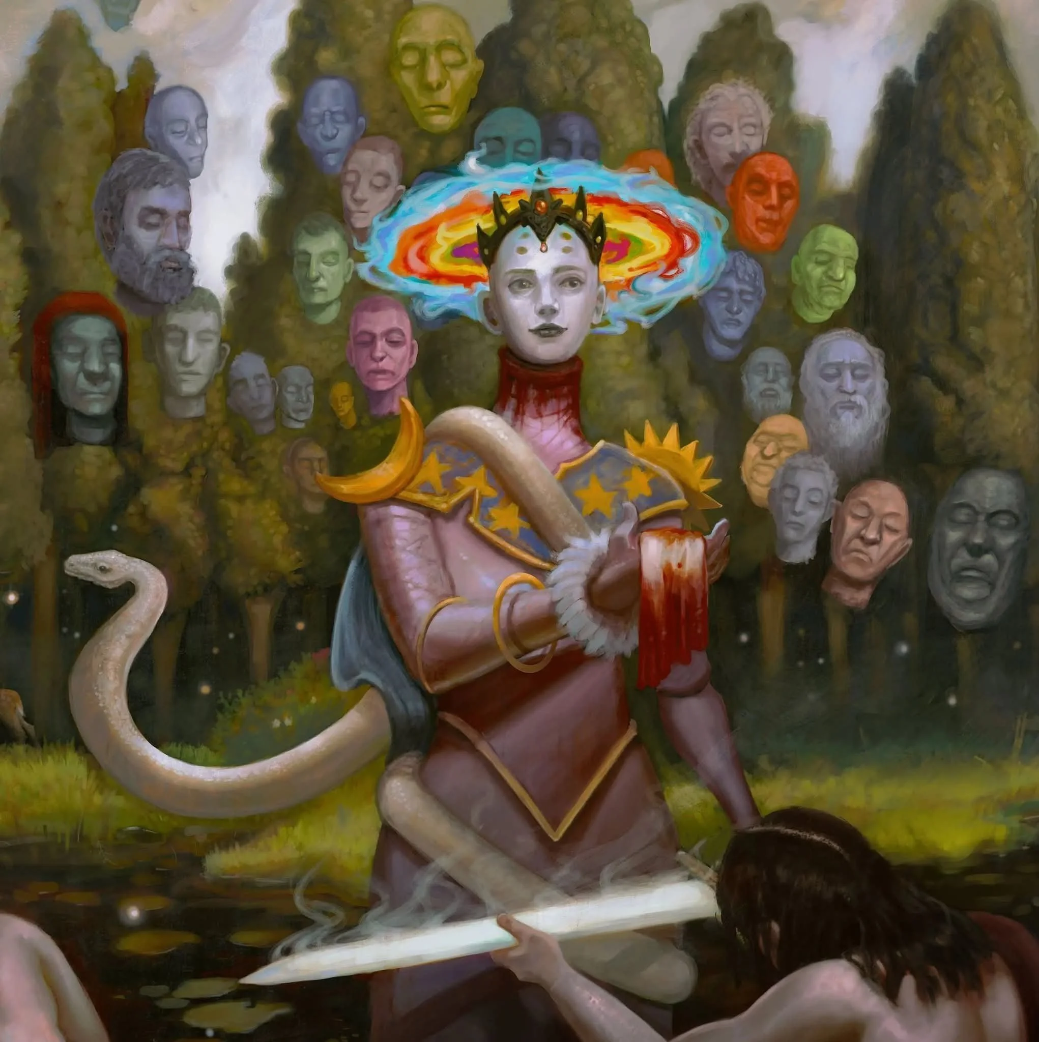 A person wearing a crown and an outfit with a sun and moon stand, holding a cloth in their hand as a snake slips around them. A long-haired person kneels before them offering up a sword as dismembered heads and trees fill the background.