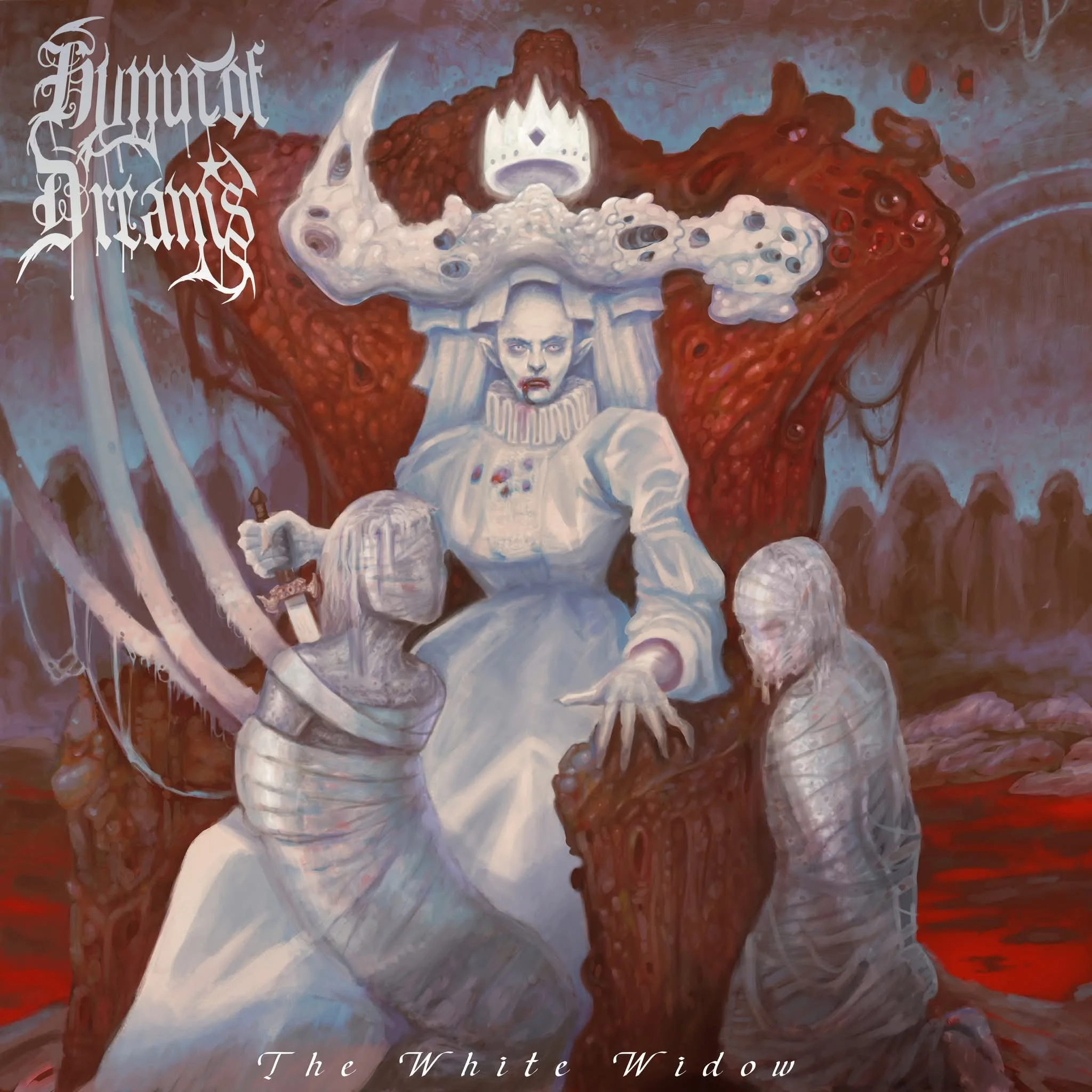 A pale woman wearing a white dress sits upon a throne, wearing a large headdress and a crow. Two people wrapped in mummy-like cloth lean from on the ground onto her throne.