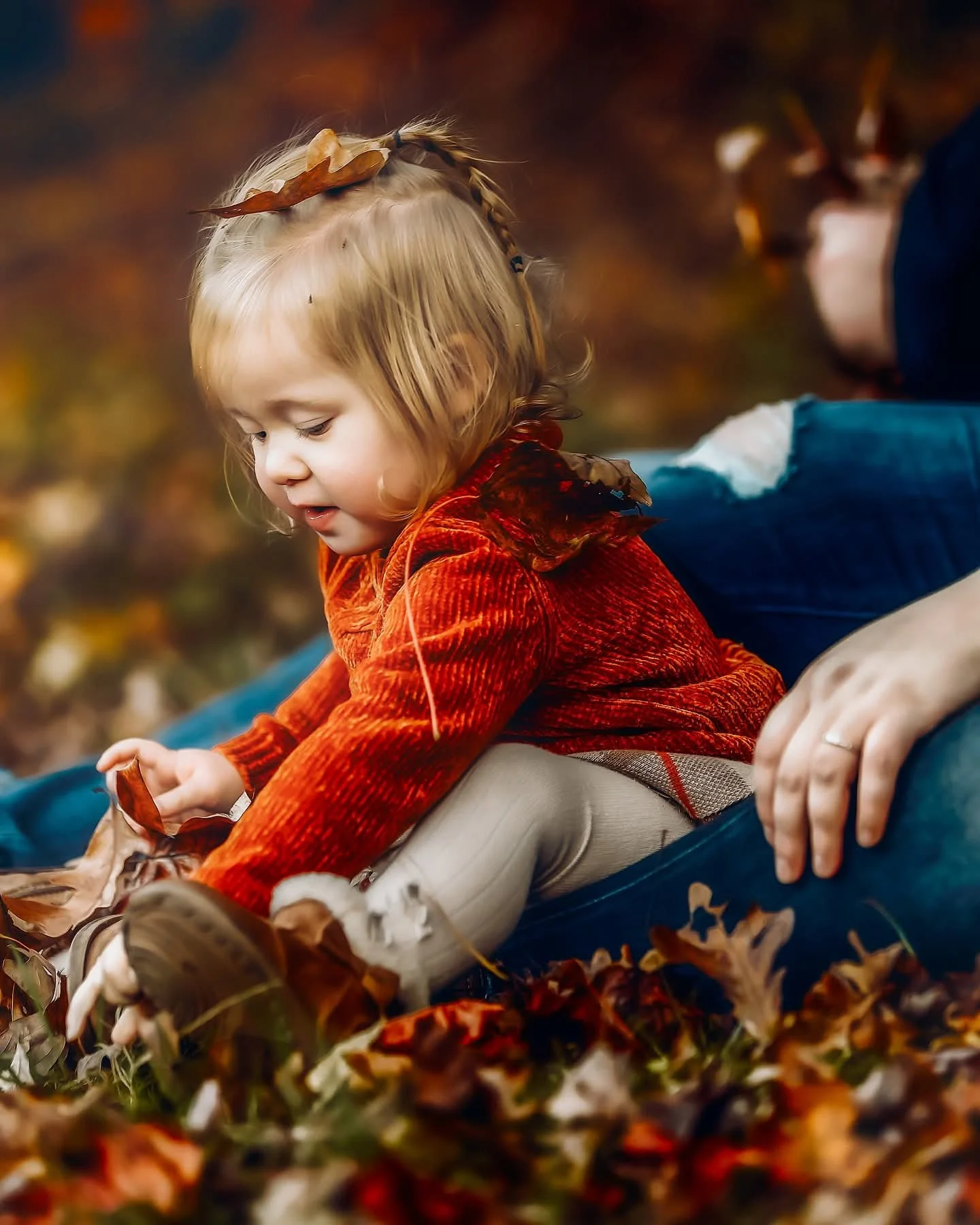 A young toddler sits on her mother's lap, leaning down and she plays with fall leaves on the ground.