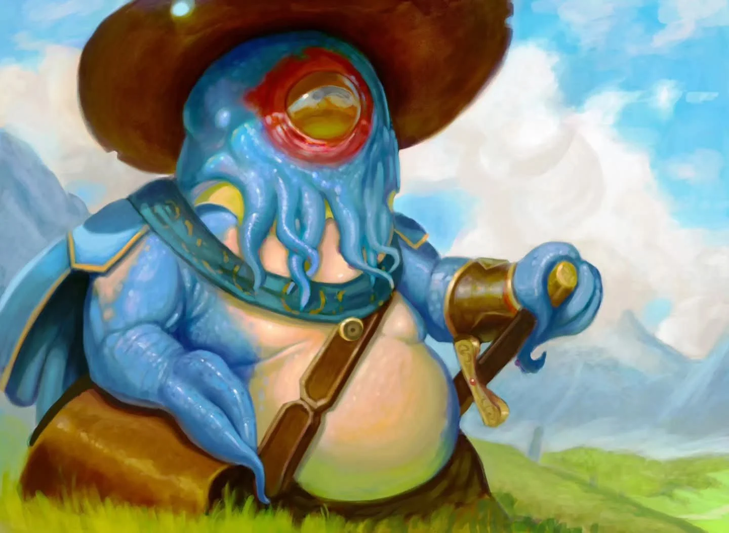A large, round alien-like creature wears a hat and holds a sword in their tentacle-like hands. 
