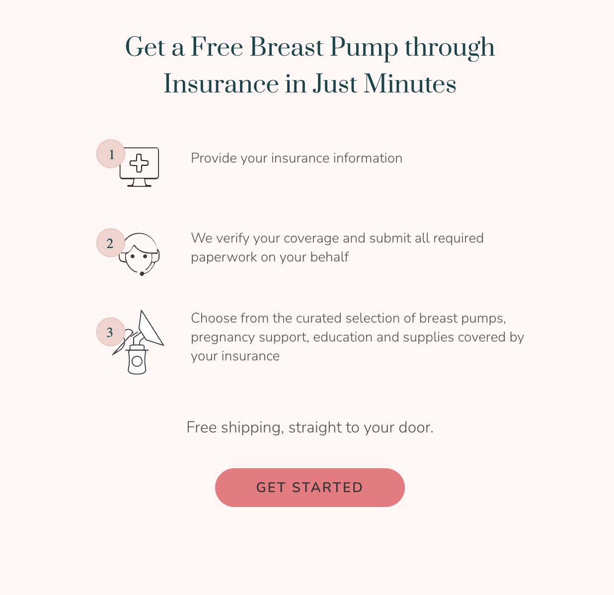 A website page offering free breast pump insurance with steps to provide insurance info, verification, and selection, featuring icons and a pink 'Get Started' button.