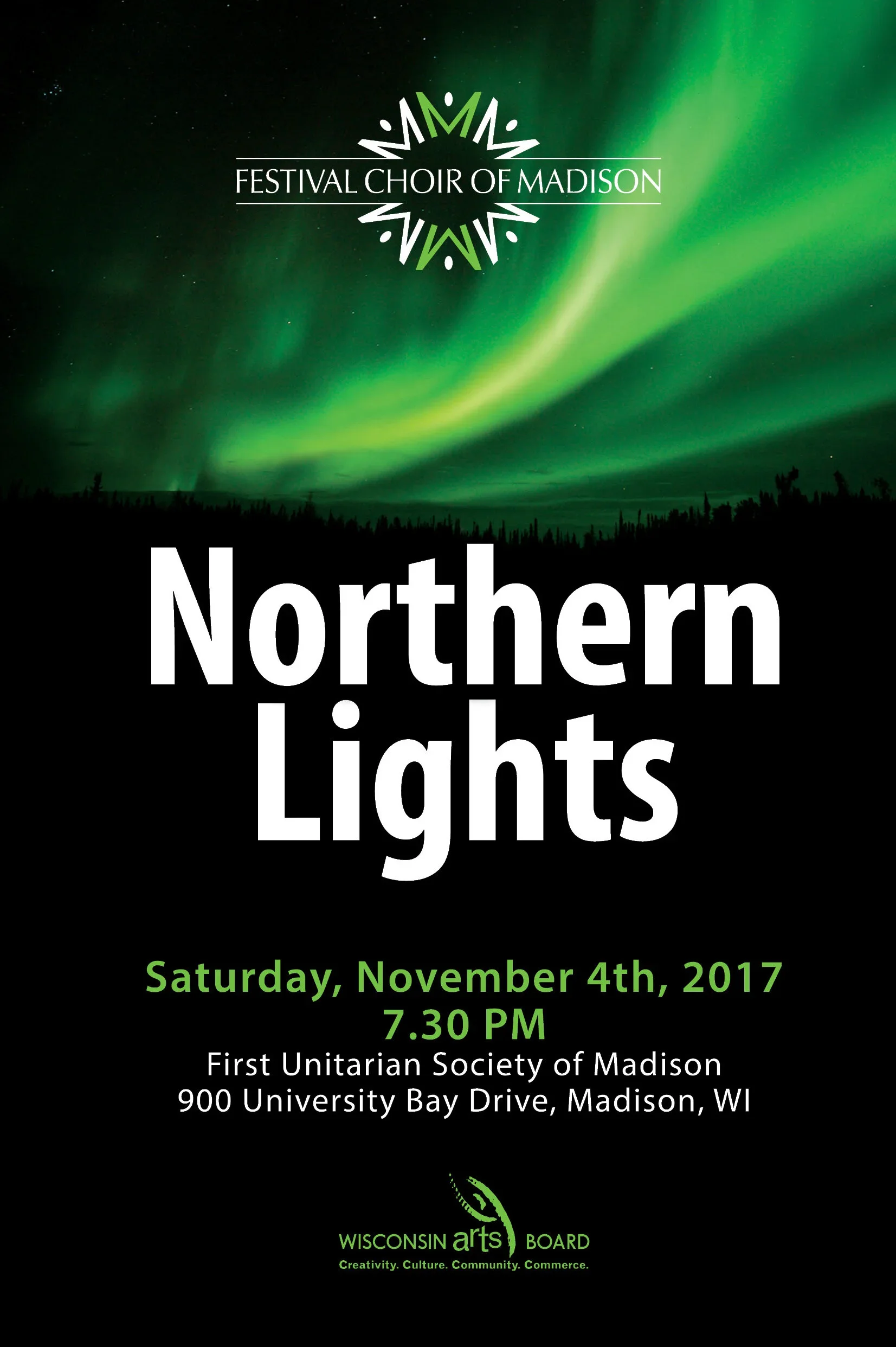 Northern Lights 
 The Festival Choir of Madison presents ‘Northern Lights,’ a concert of contemporary Norwegian and Baltic Choral music, inspired by the phenomena of Aurora Borealis. Our voices will be supported by leading Madison-based musicians in