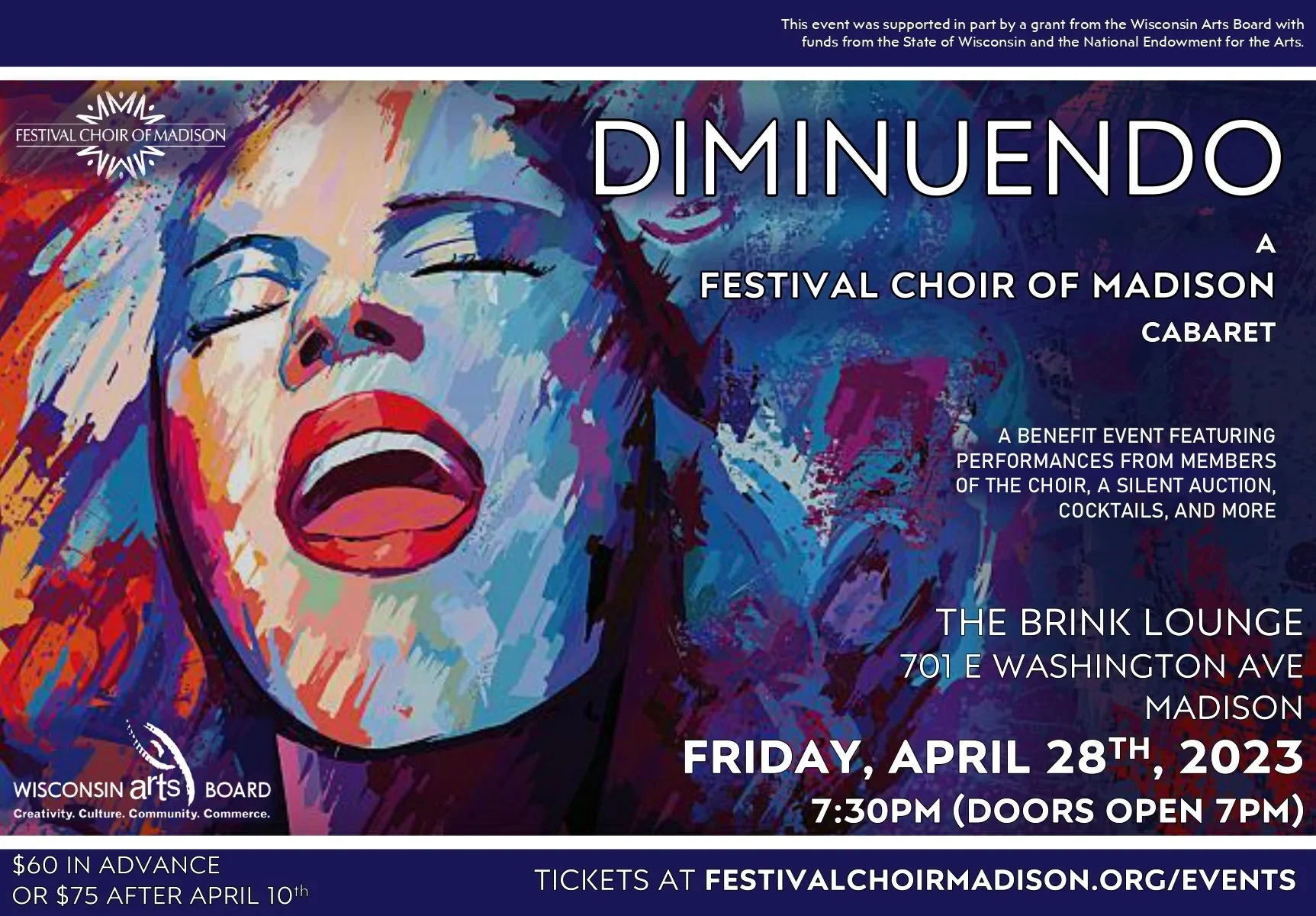 Diminuendo Cabaret: A fun and joyous cabaret fundraiser celebrates our 50th-year anniversary by bringing together the Festival Choir of Madison community to share a love of music and to support the choir.